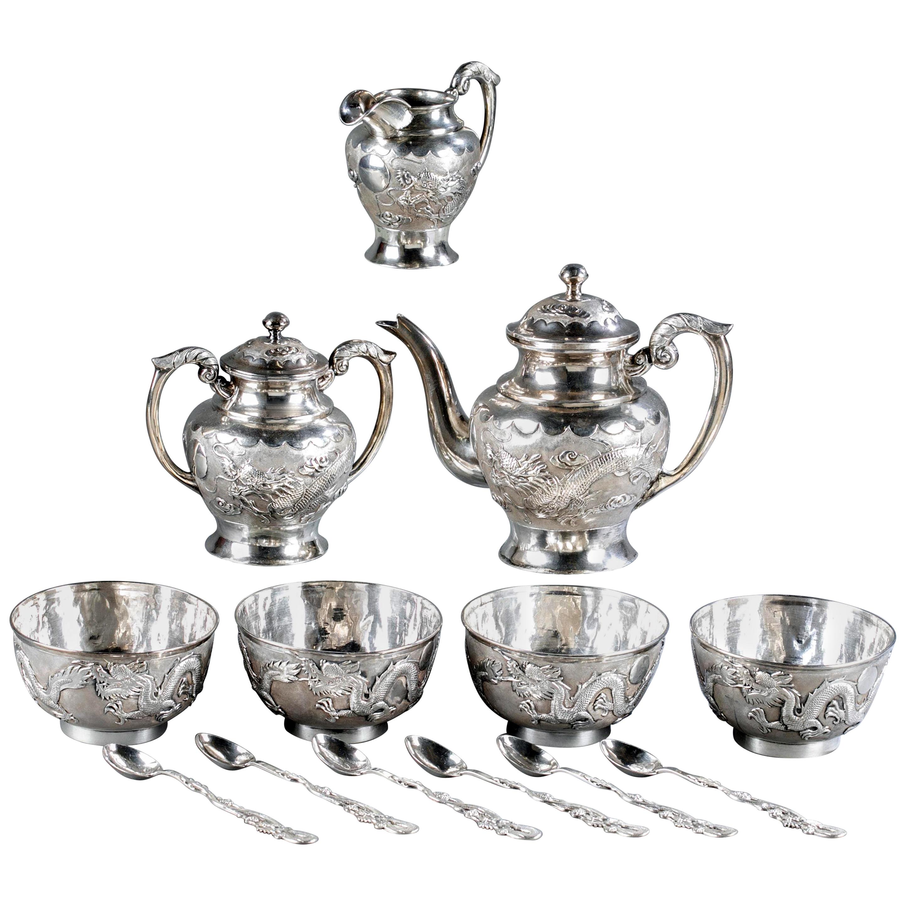 Rare Chinese Export Sterling Silver Tea Set with Dragon Design Tianjing Wuhua For Sale