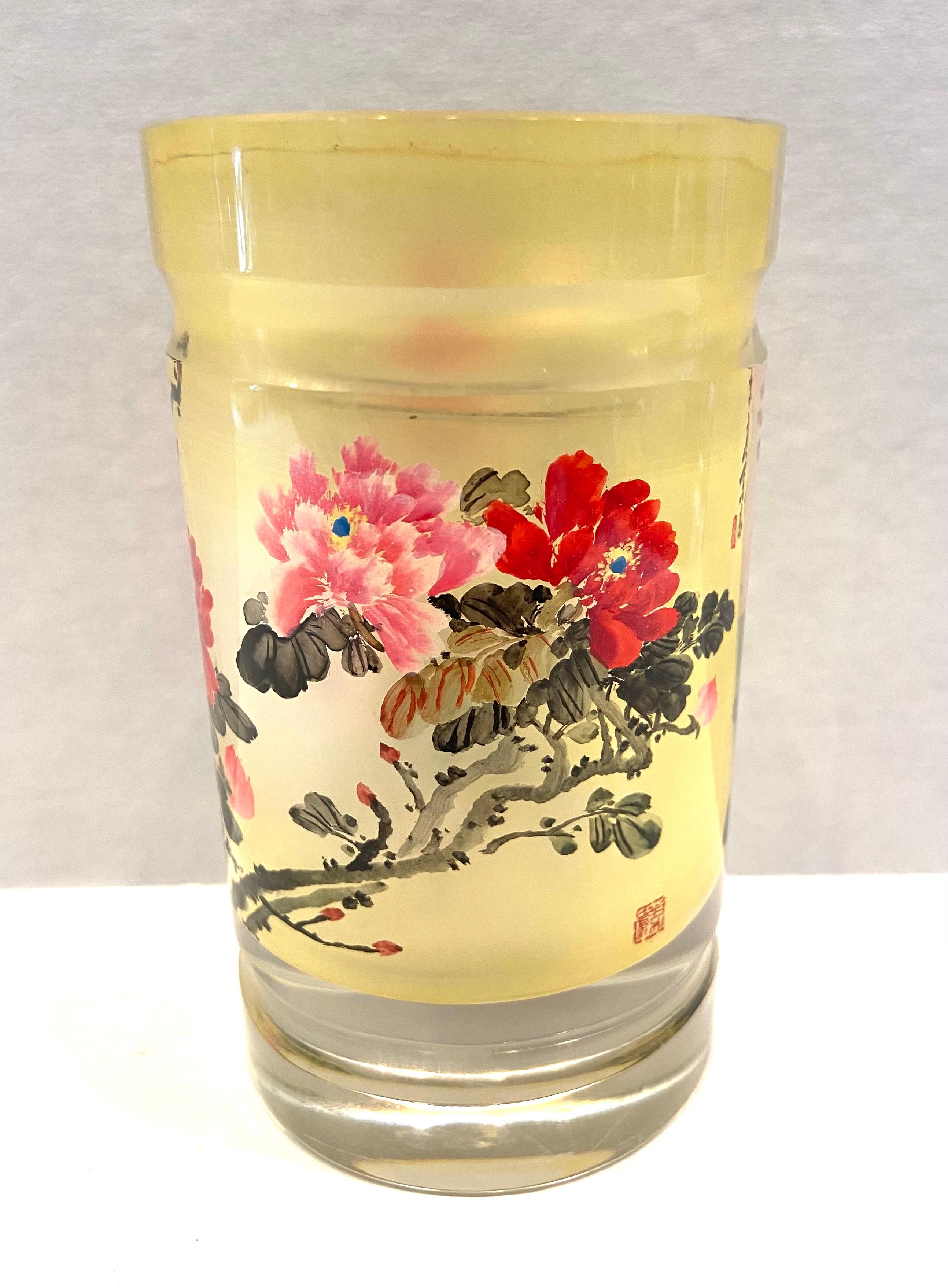 This Chinese Thick Crystal brush pot is a beautiful example of the Inner Painting Technique. This technique had been guarded as a secret of the industry and not disclosed to the public until the end of the last century. To paint the inside of the