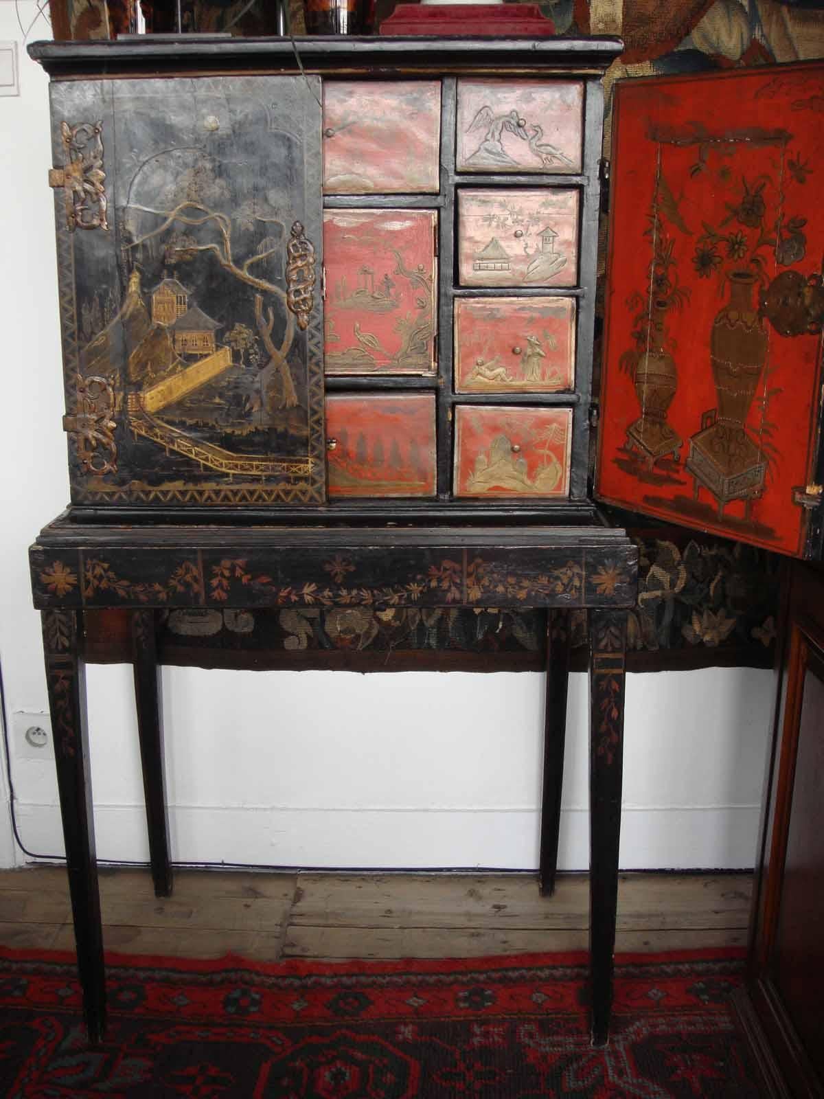 British Rare Chinese Lacquer Cabinet on Stand For Sale