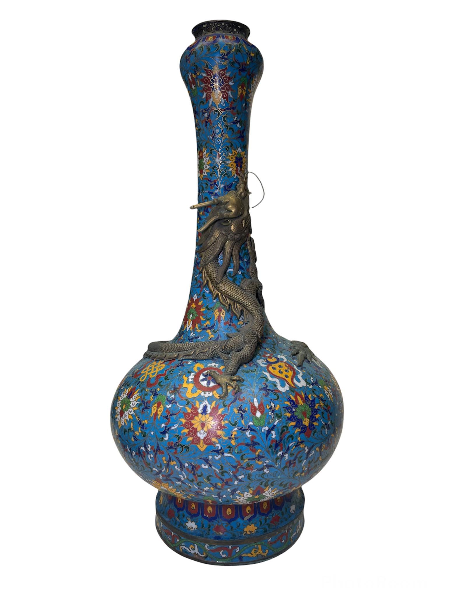 Rare Chinese Large and Long Cloisonné Urn Vase 4