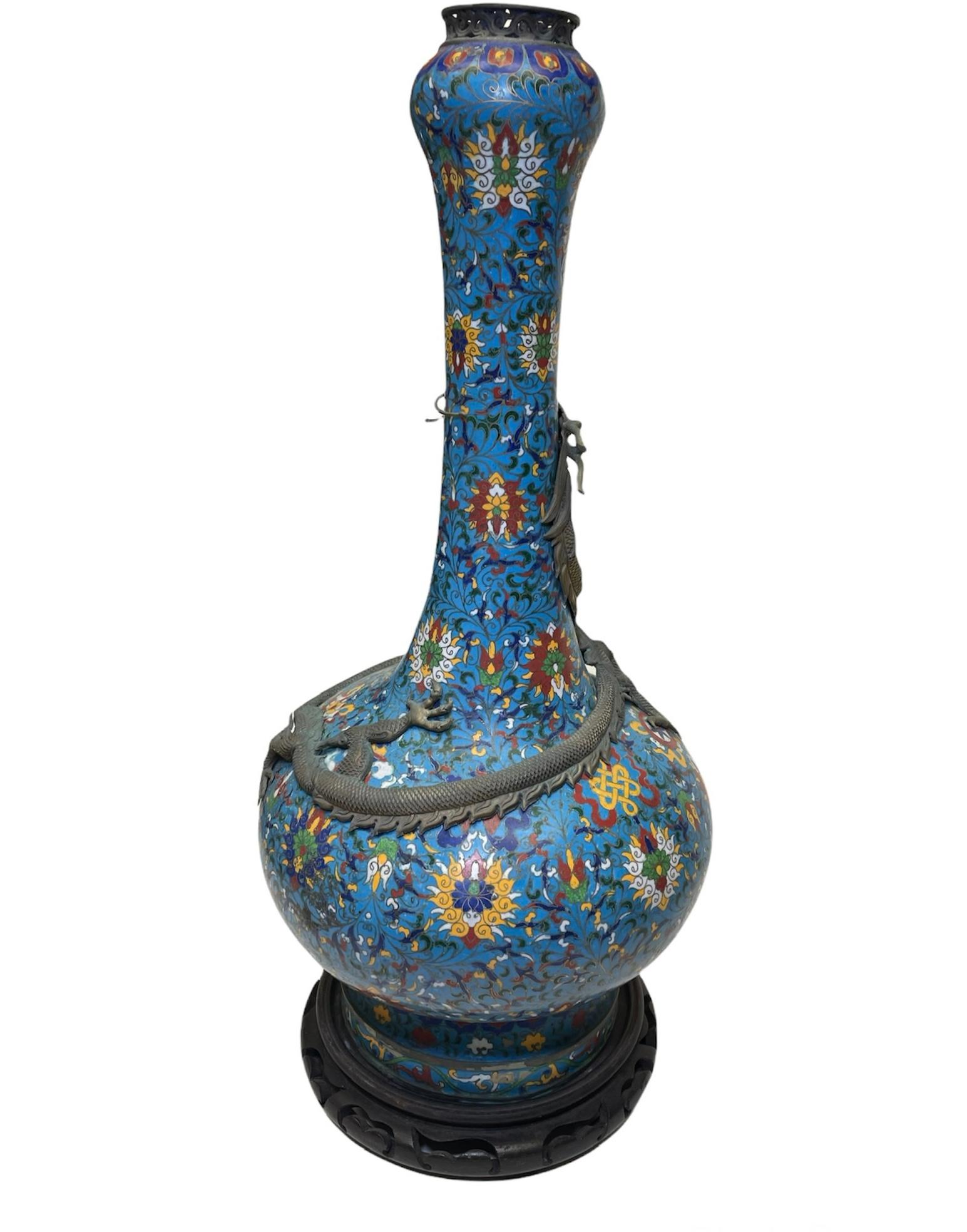 Cloissoné Rare Chinese Large and Long Cloisonné Urn Vase