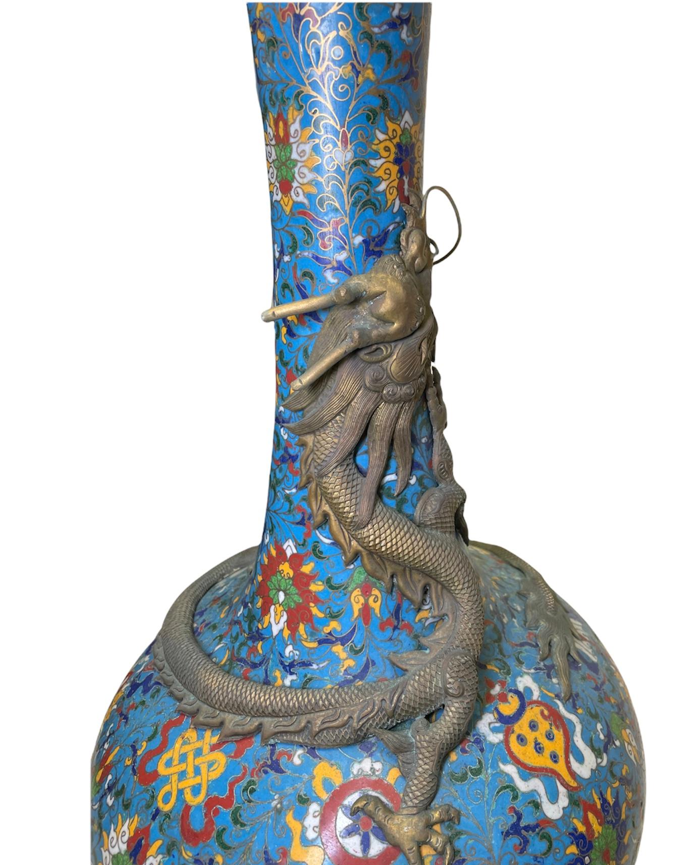 Metal Rare Chinese Large and Long Cloisonné Urn Vase