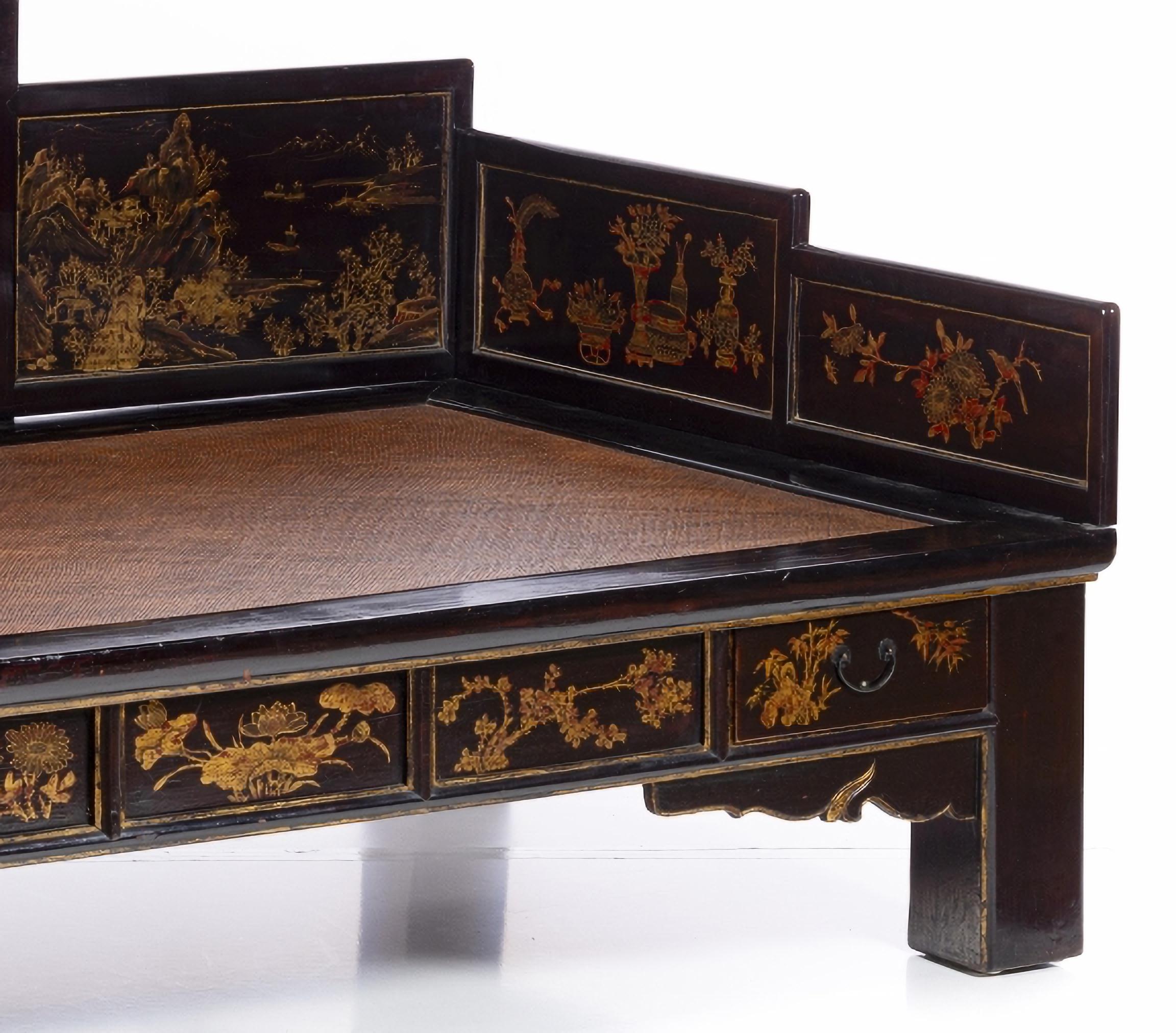 RARE CHINESE OPIUM BED 19th Century

 in lacquered, painted and gilded wood decorated with oriental landscapes and plant elements.
With two drawers simulating five.
Dim.: 114 x 265 x 141 cm
good conditions