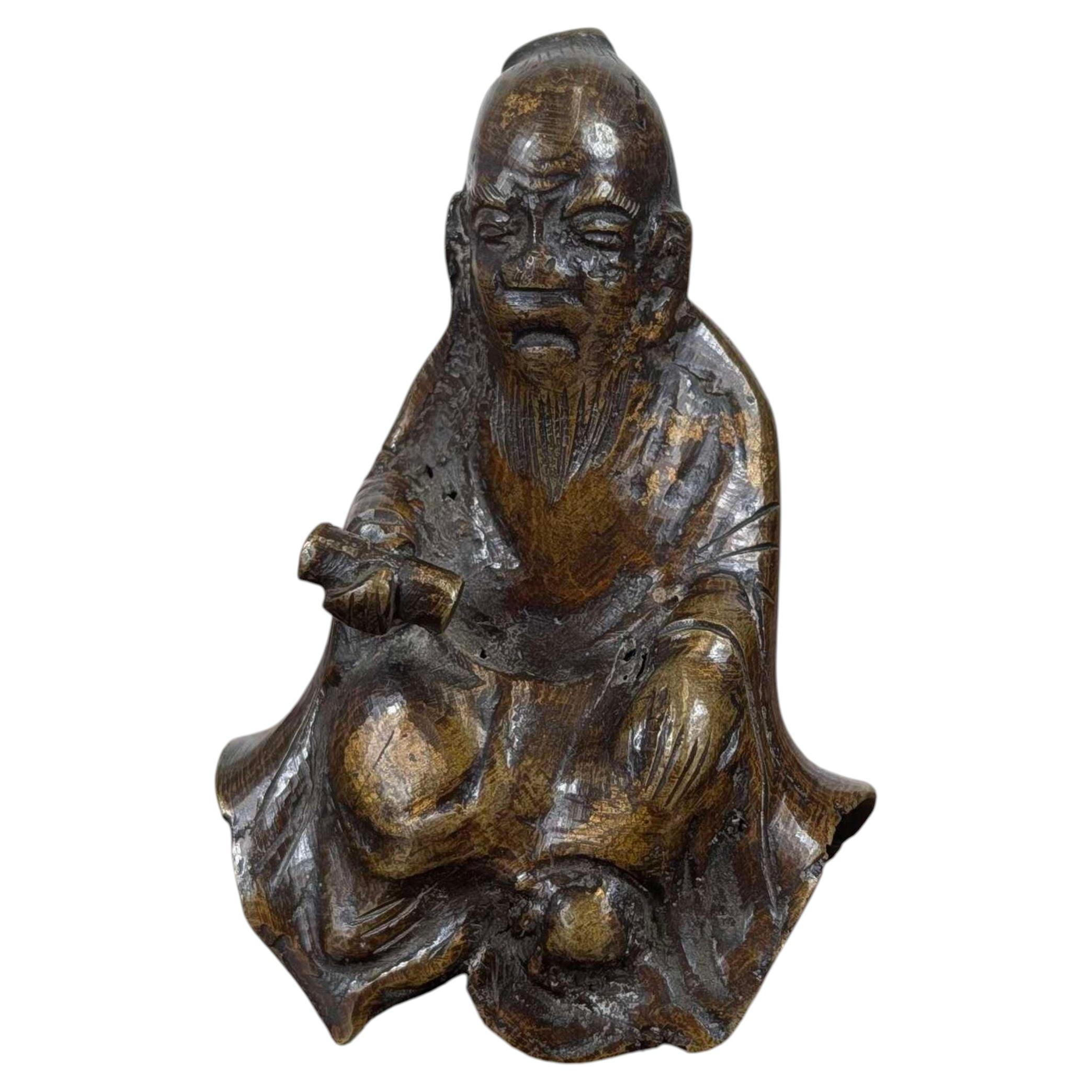Rare Chinese Parcel-Gilt Bronze Figure of Lu Dongbin, Ming ca. 1600 For Sale