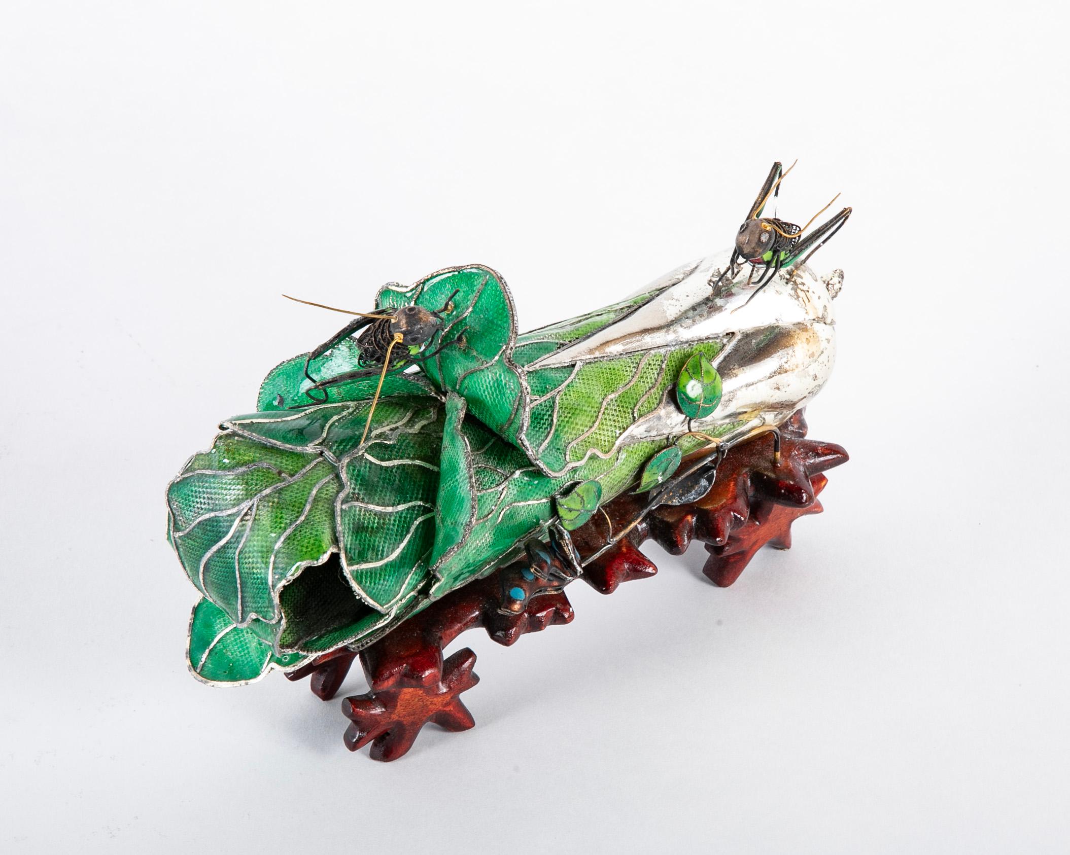 Very rare Chinese plique a jour glass and sterling silver sculpture of cabbage with crickets set with semi precious stones.  Circa 1910 -1920.
