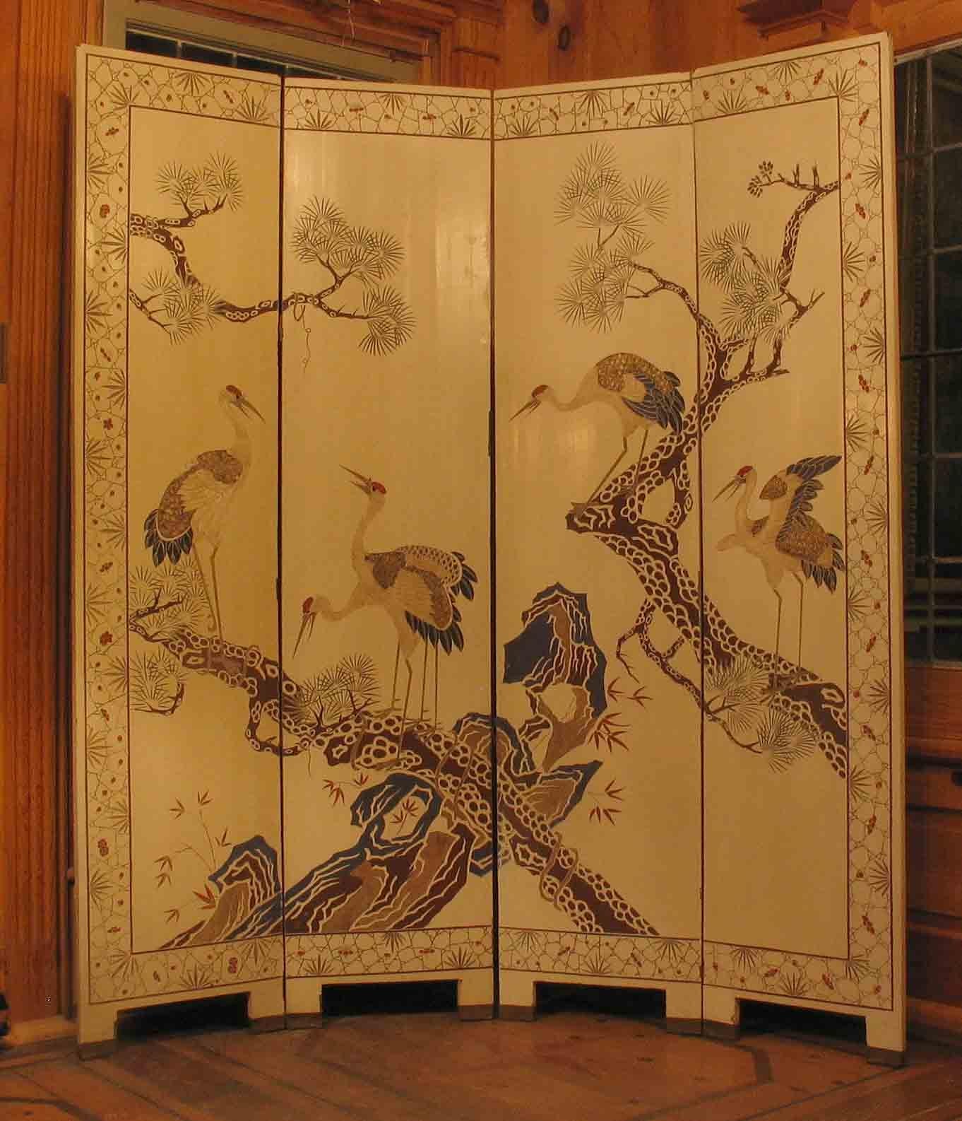Rare Chinese White and Polychromed Lacquer Four-Fold Screen, Early 20th Century 6
