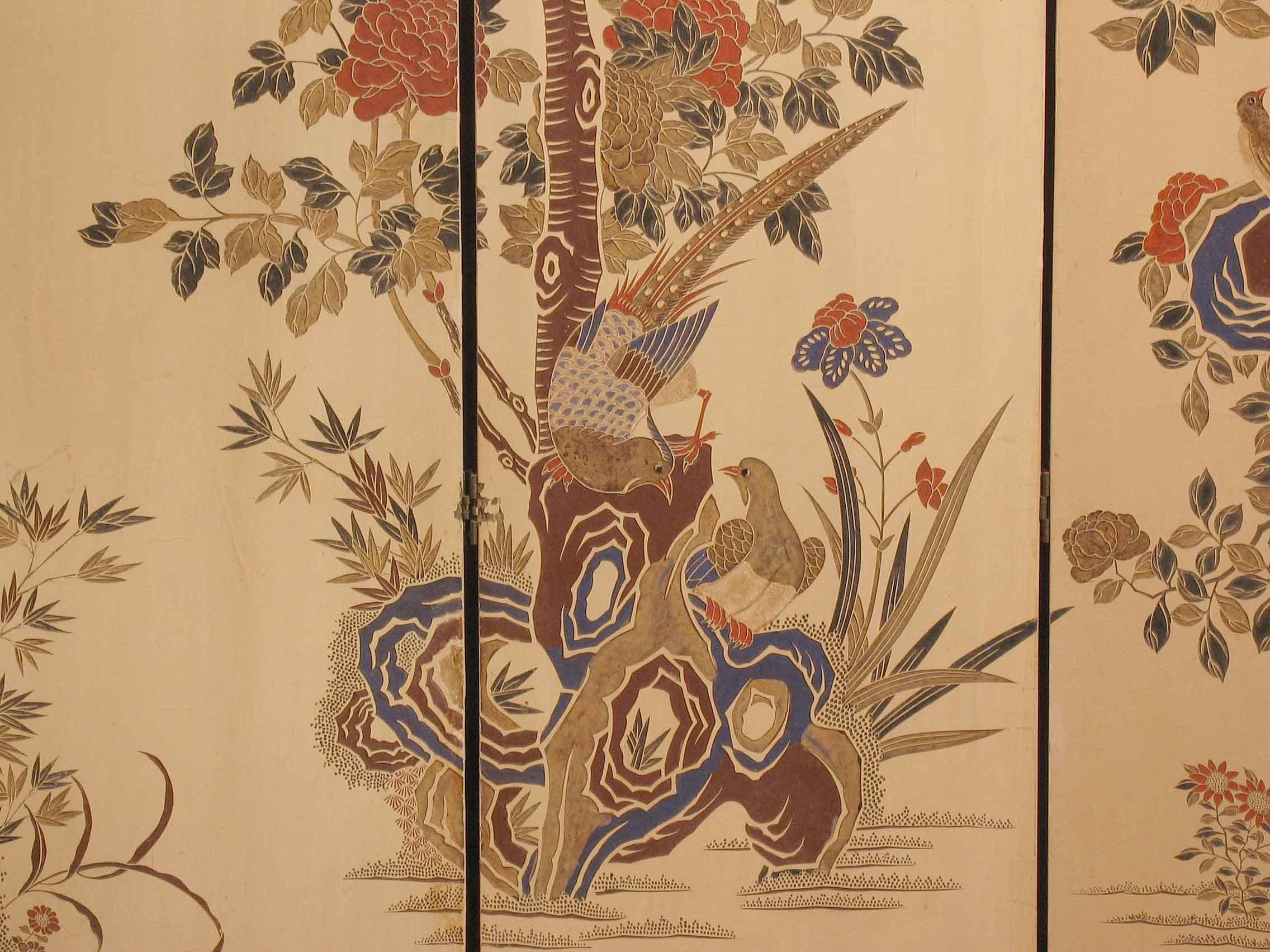 Chinese Export Rare Chinese White and Polychromed Lacquer Four-Fold Screen, Early 20th Century