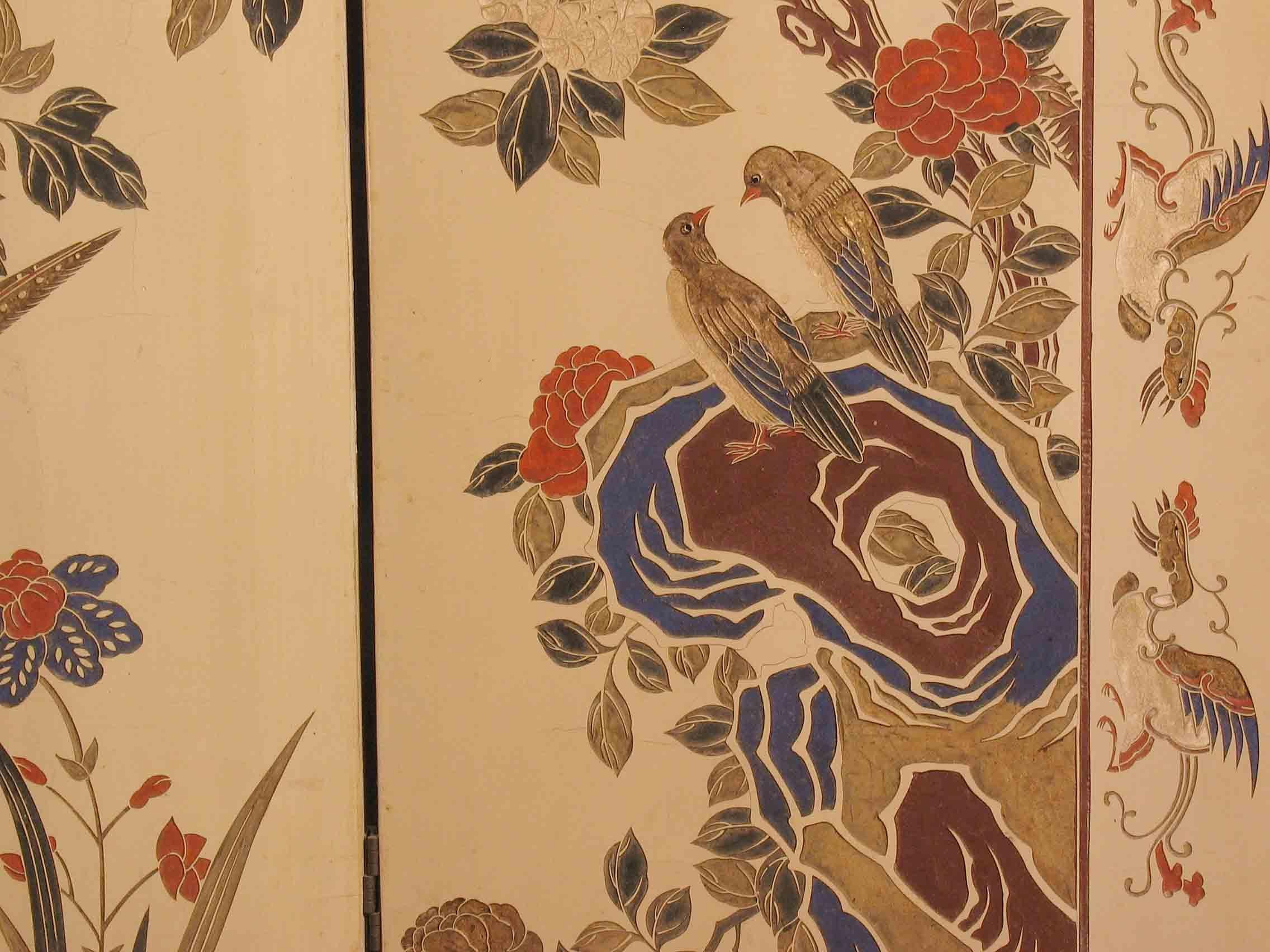 Rare Chinese White and Polychromed Lacquer Four-Fold Screen, Early 20th Century 1