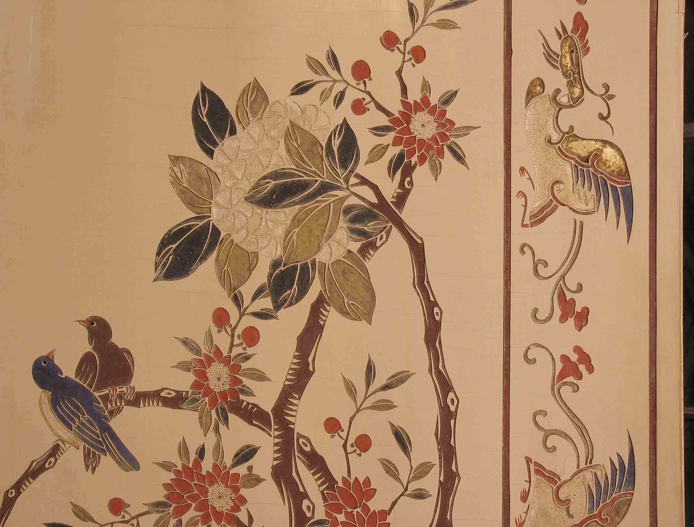 Rare Chinese White and Polychromed Lacquer Four-Fold Screen, Early 20th Century 3