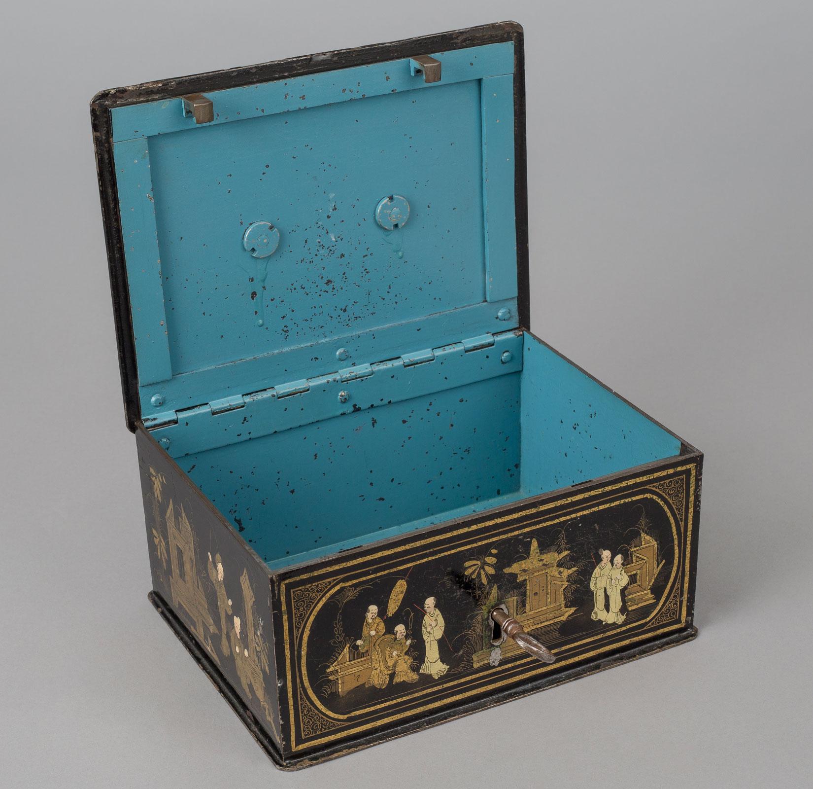Metal Rare Chinoiserie Lacquered Strong Box For Sale