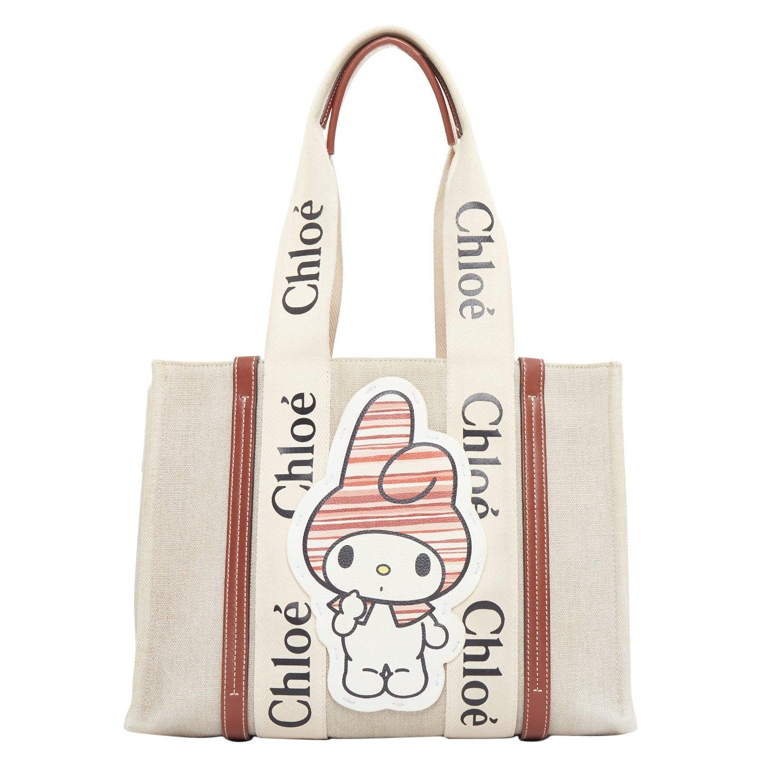 rare CHLOE My Melody Sanrio Woody beige canvas cream red leather patch tote bag en vente