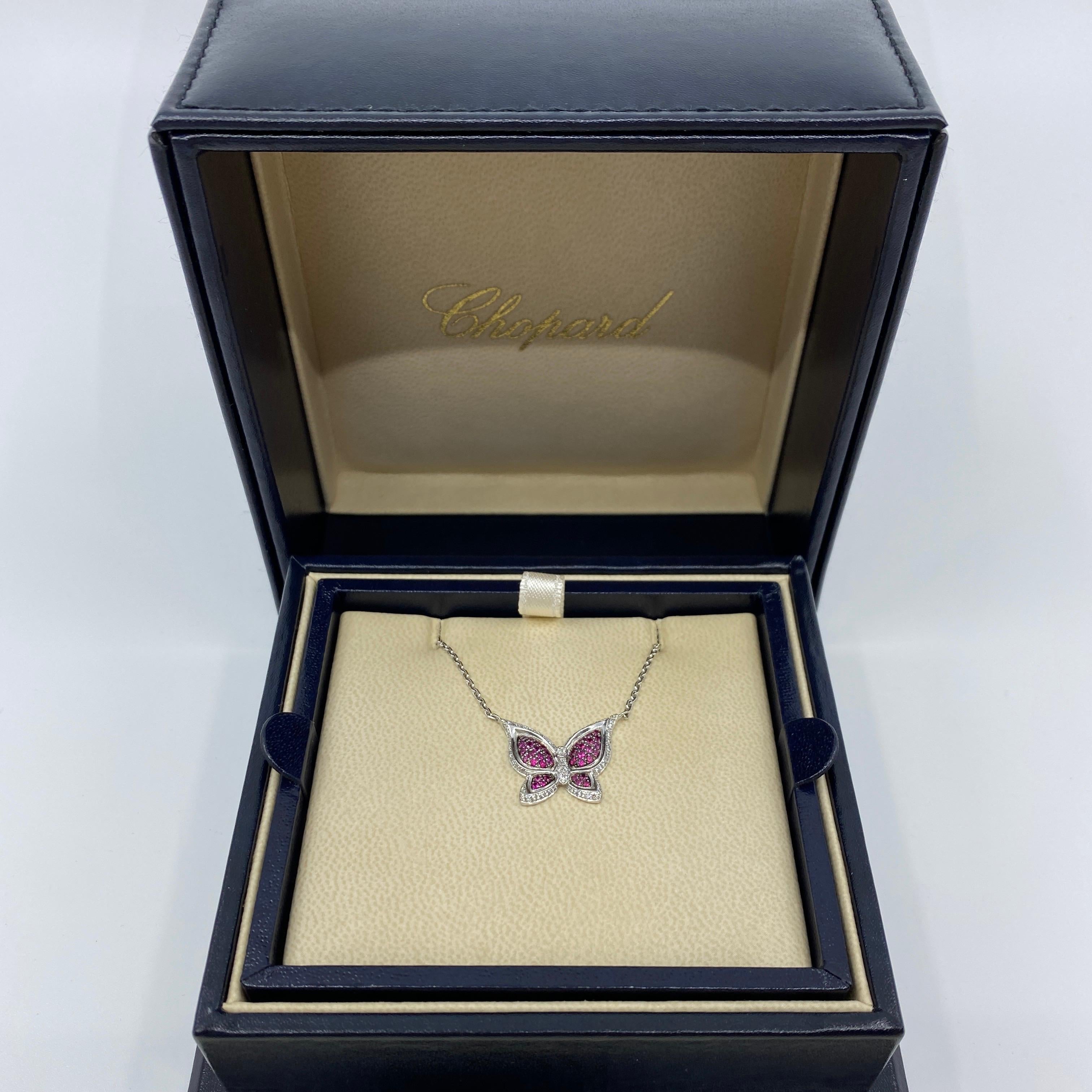 Round Cut Rare Chopard Butterfly Ruby & Diamond 18k White Gold Pendant Necklace With COA