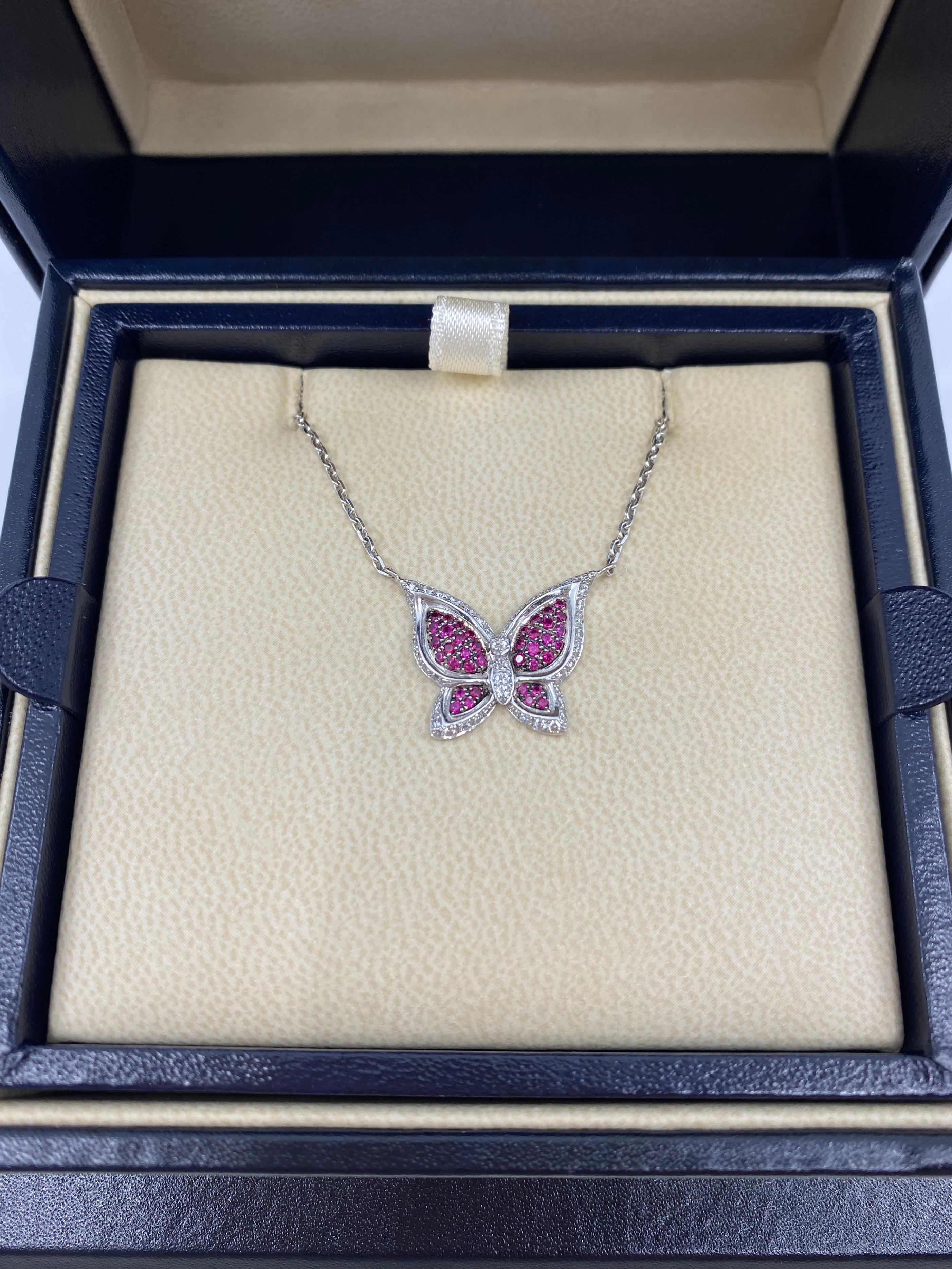 Rare Chopard Butterfly Ruby & Diamond 18k White Gold Pendant Necklace With COA In Excellent Condition In Birmingham, GB