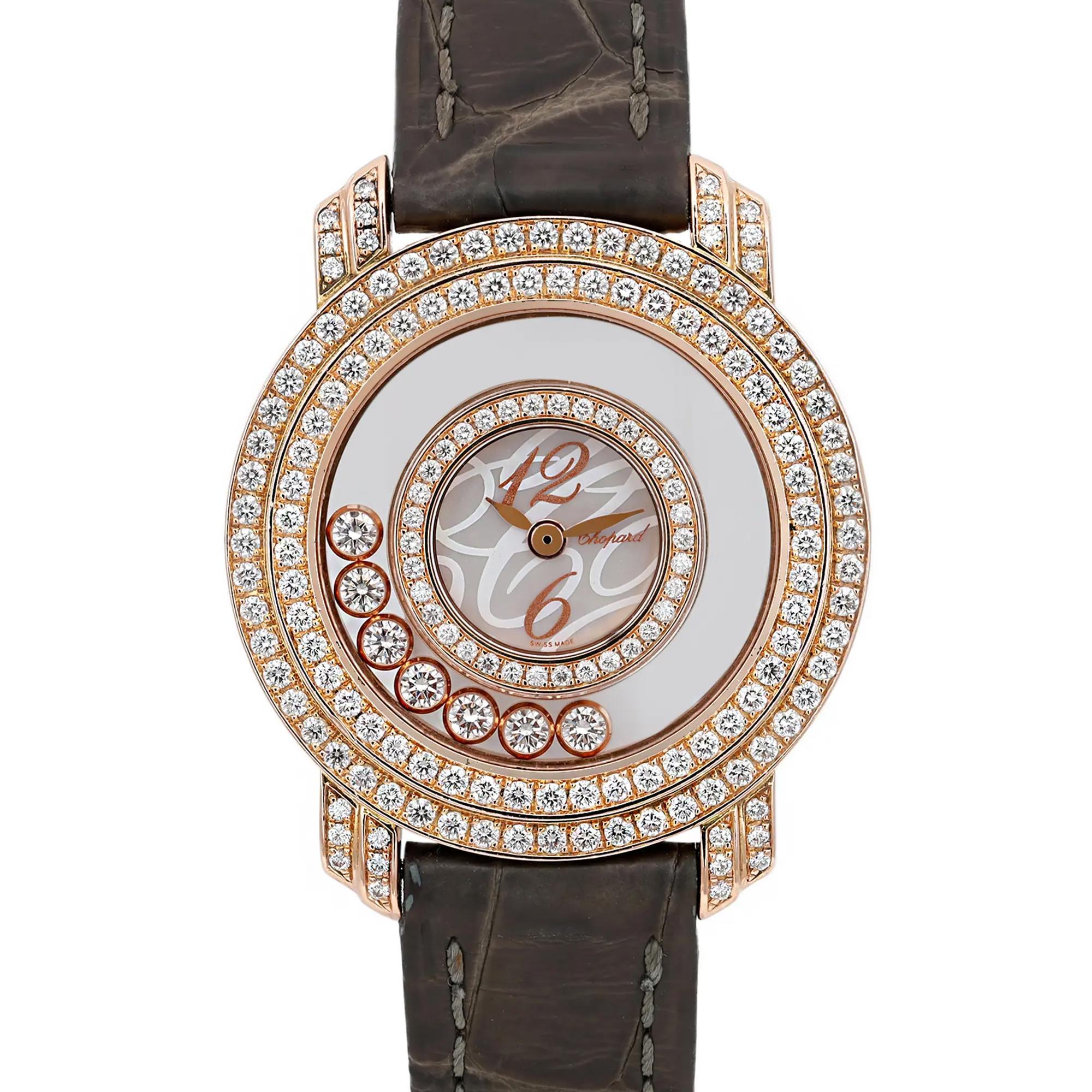 Pre-owned. Good condition. The band shows signs of wear. Comes with a Chronostore box.

General Information
Brand: Chopard
Model: Happy Diamonds
Model Number: 209245-5001
Type: Wristwatch
Department: Women
Style: Luxury
Country/Region of