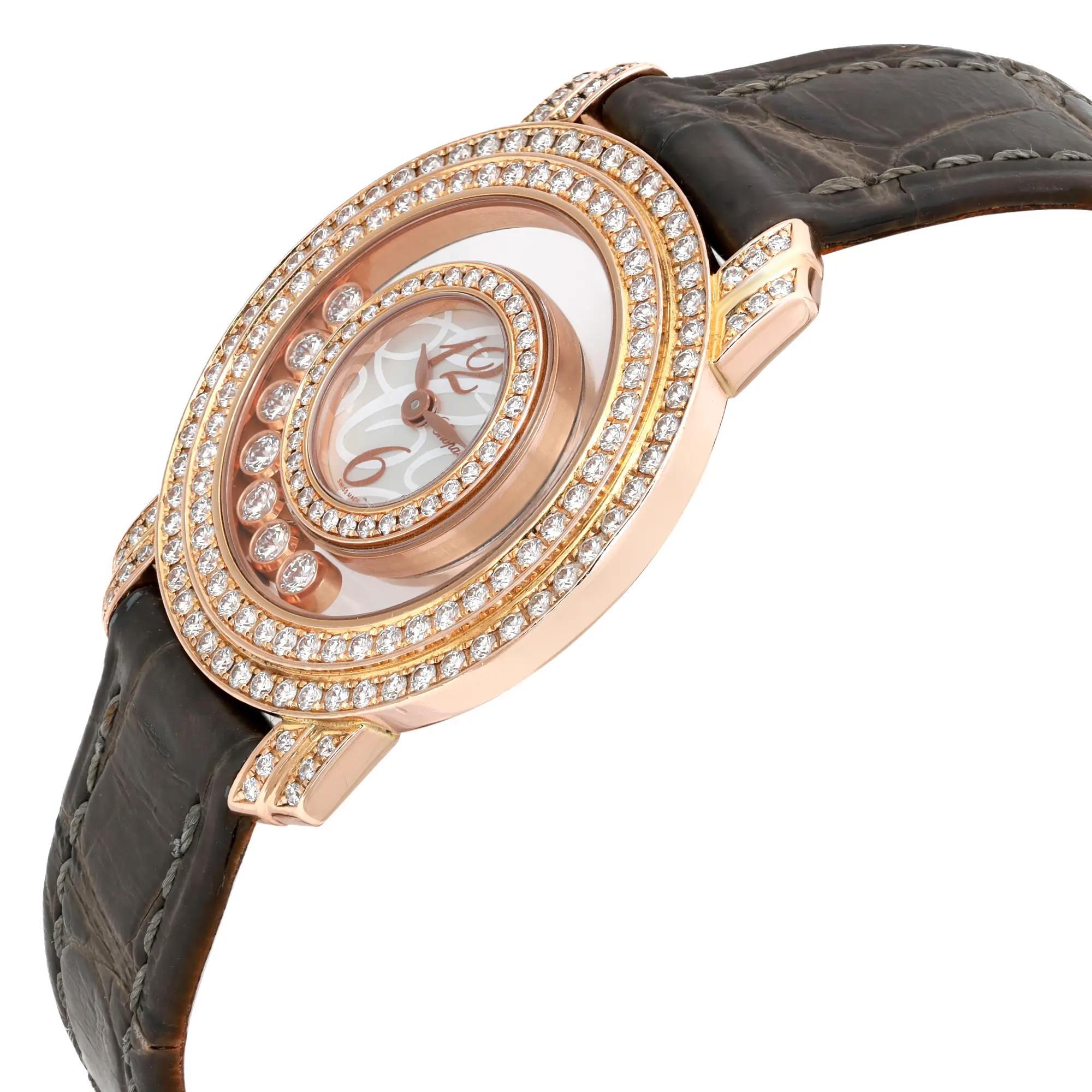Rare Chopard Happy Diamonds Diamond 18K Rose Gold Silver Dial Watch 209245-5001 In Good Condition For Sale In New York, NY
