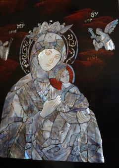 Rare Christian Art, Mother of Pearl Inlaid Mary & Child Jesus Mosaic Wall Panel