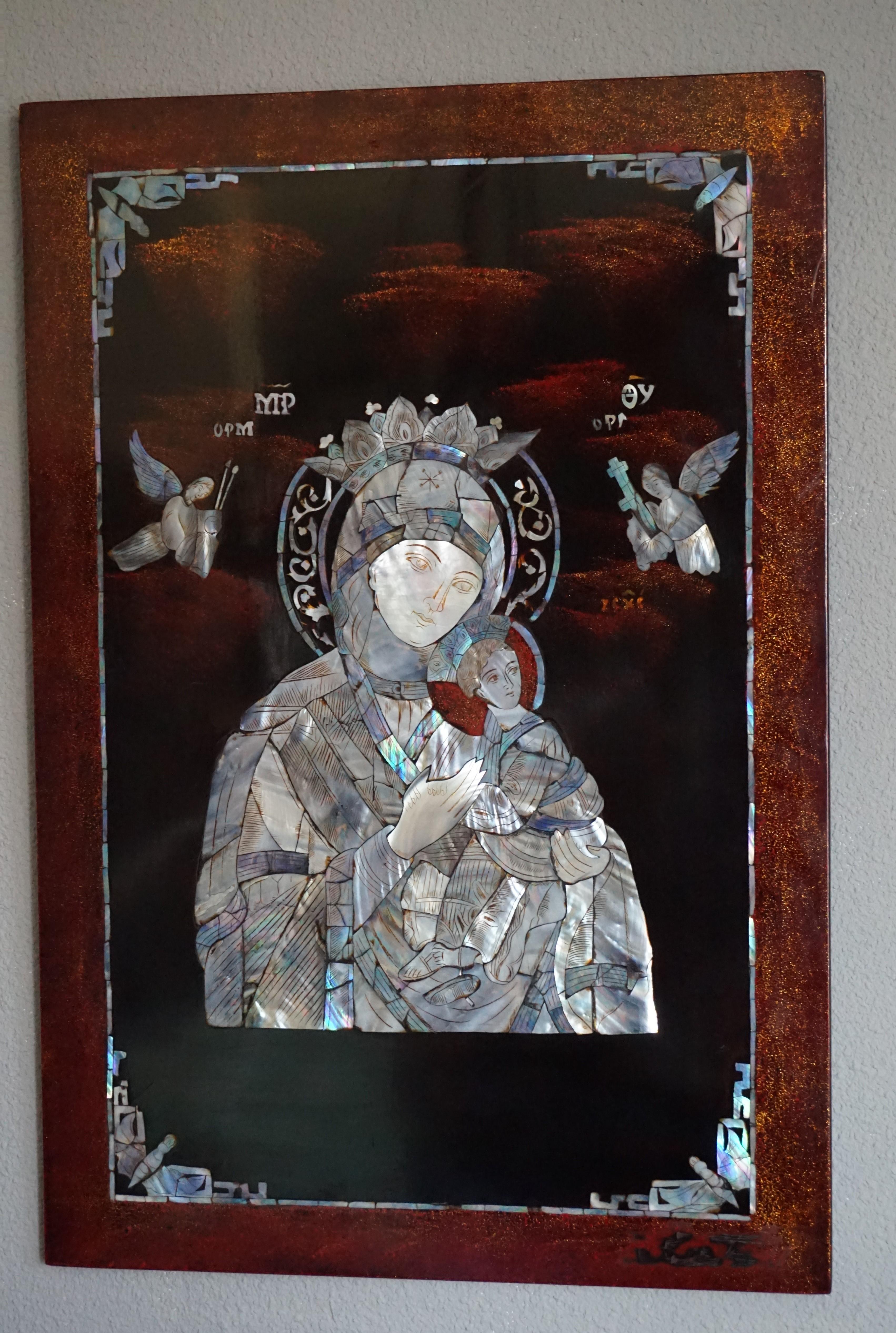 20th Century Rare Christian Art, Mother of Pearl Inlaid Mary & Child Jesus Mosaic Wall Panel