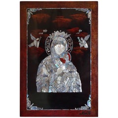 Seltene christliche Kunst:: Perlmutt Einlegearbeit Maria & Jesuskind Mosaik Wandtafel