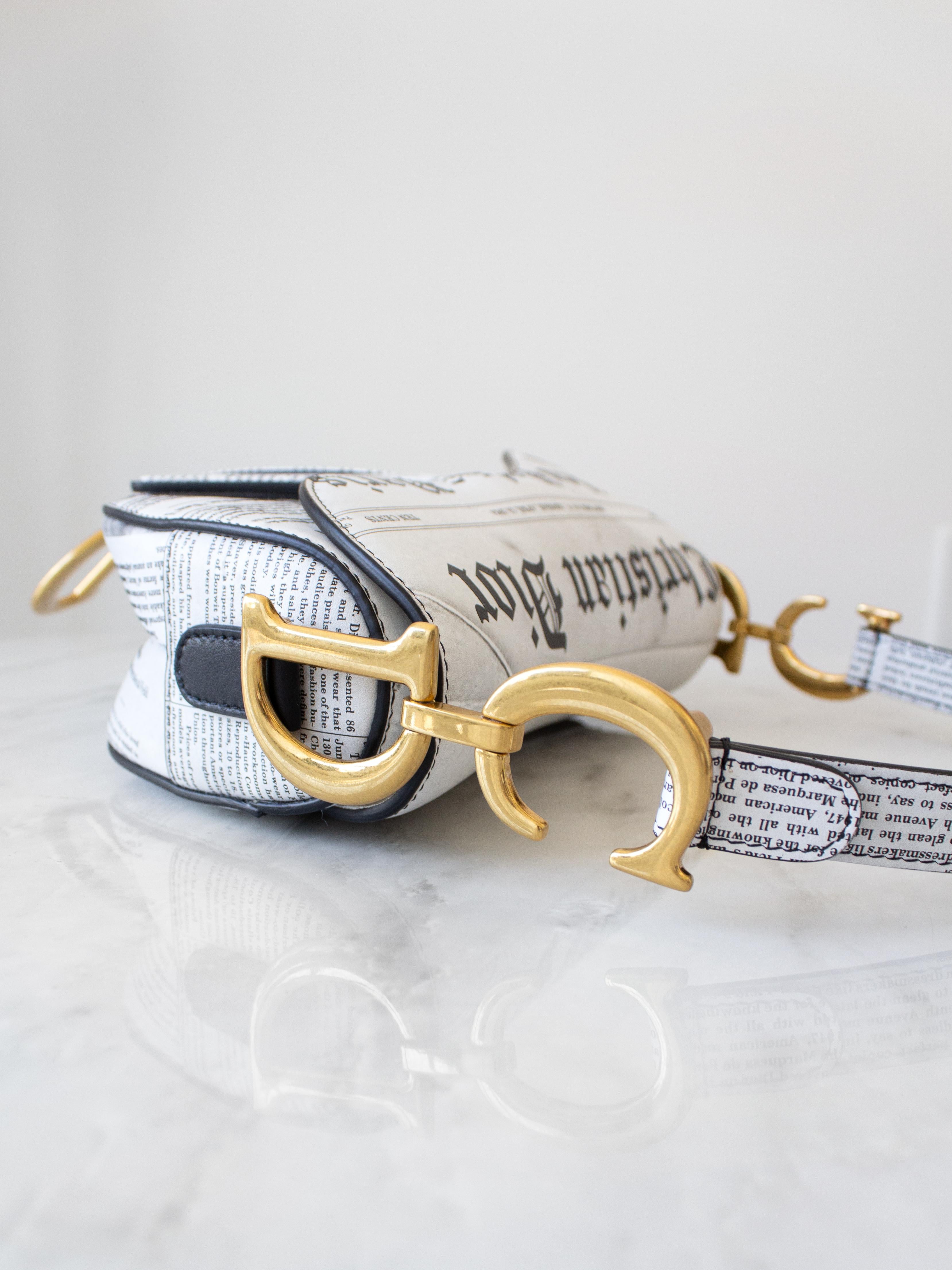Rare Christian Dior 2024 Newspaper Print White Black Calfskin Saddle Bag 2