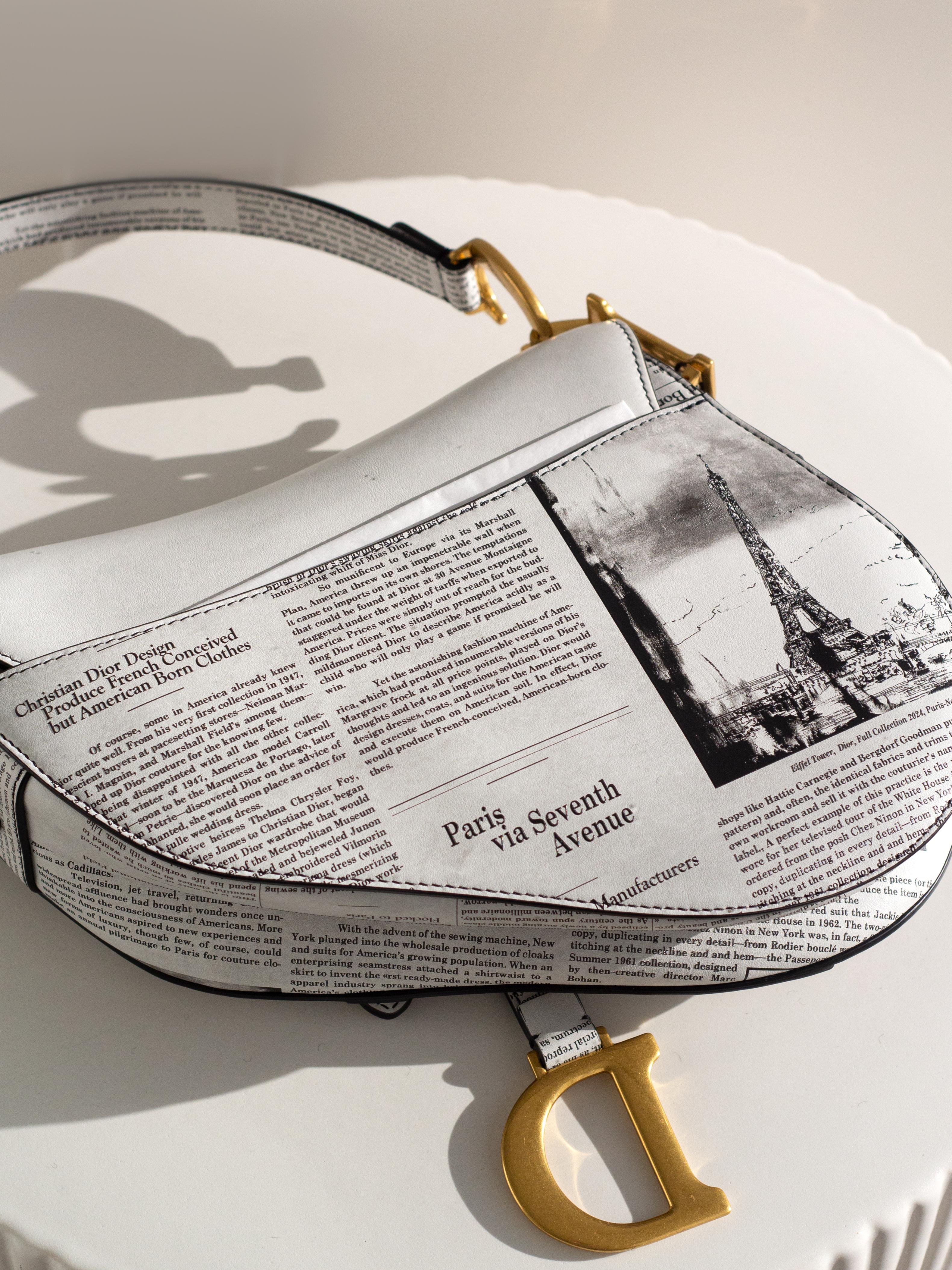 Rare Christian Dior 2024 Newspaper Print White Black Calfskin Saddle Bag 5