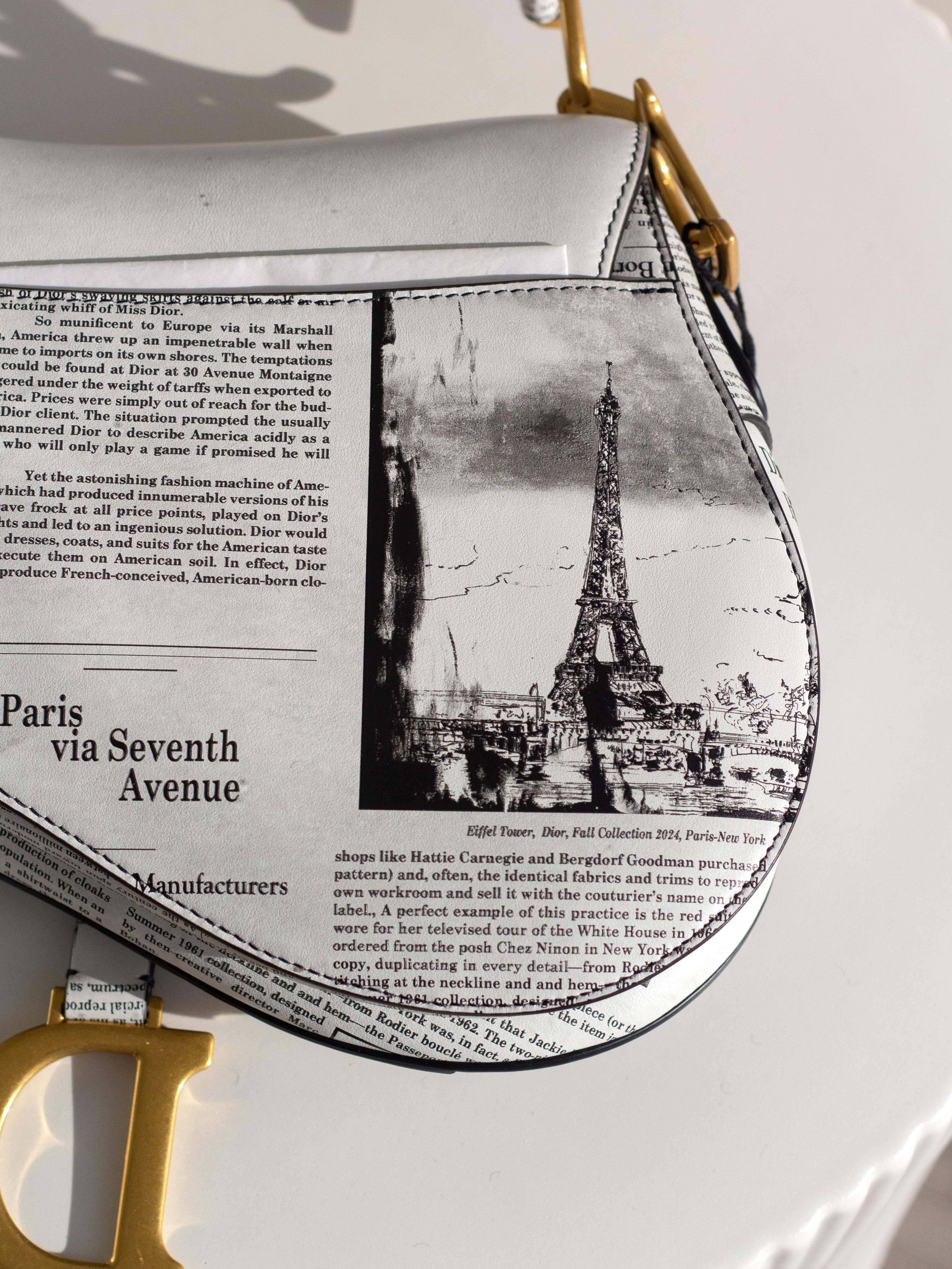 Rare Christian Dior 2024 Newspaper Print White Black Calfskin Saddle Bag 6