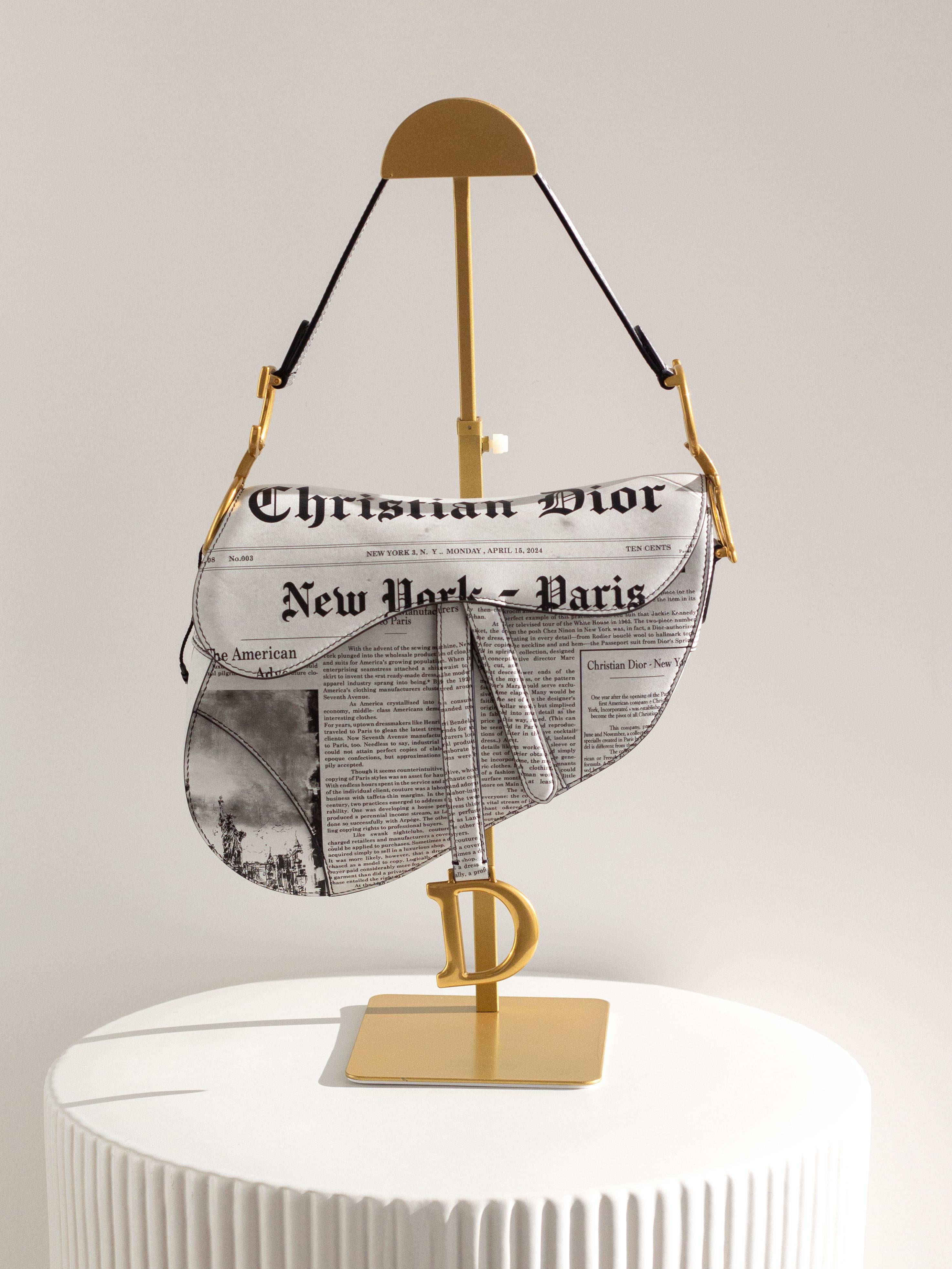 Rare Christian Dior 2024 Newspaper Print White Black Calfskin Saddle Bag 8