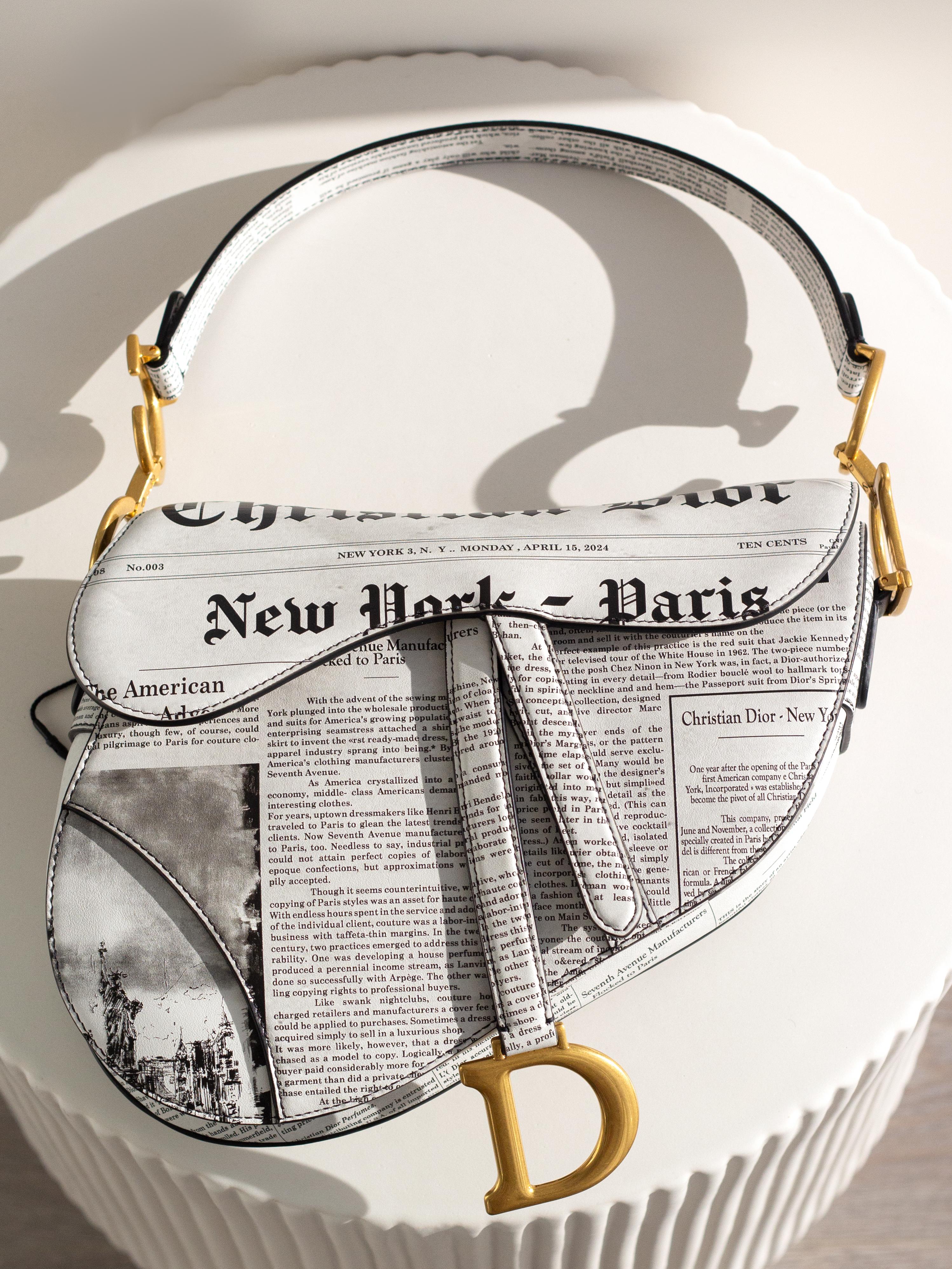Rare Christian Dior 2024 Newspaper Print White Black Calfskin Saddle Bag 9
