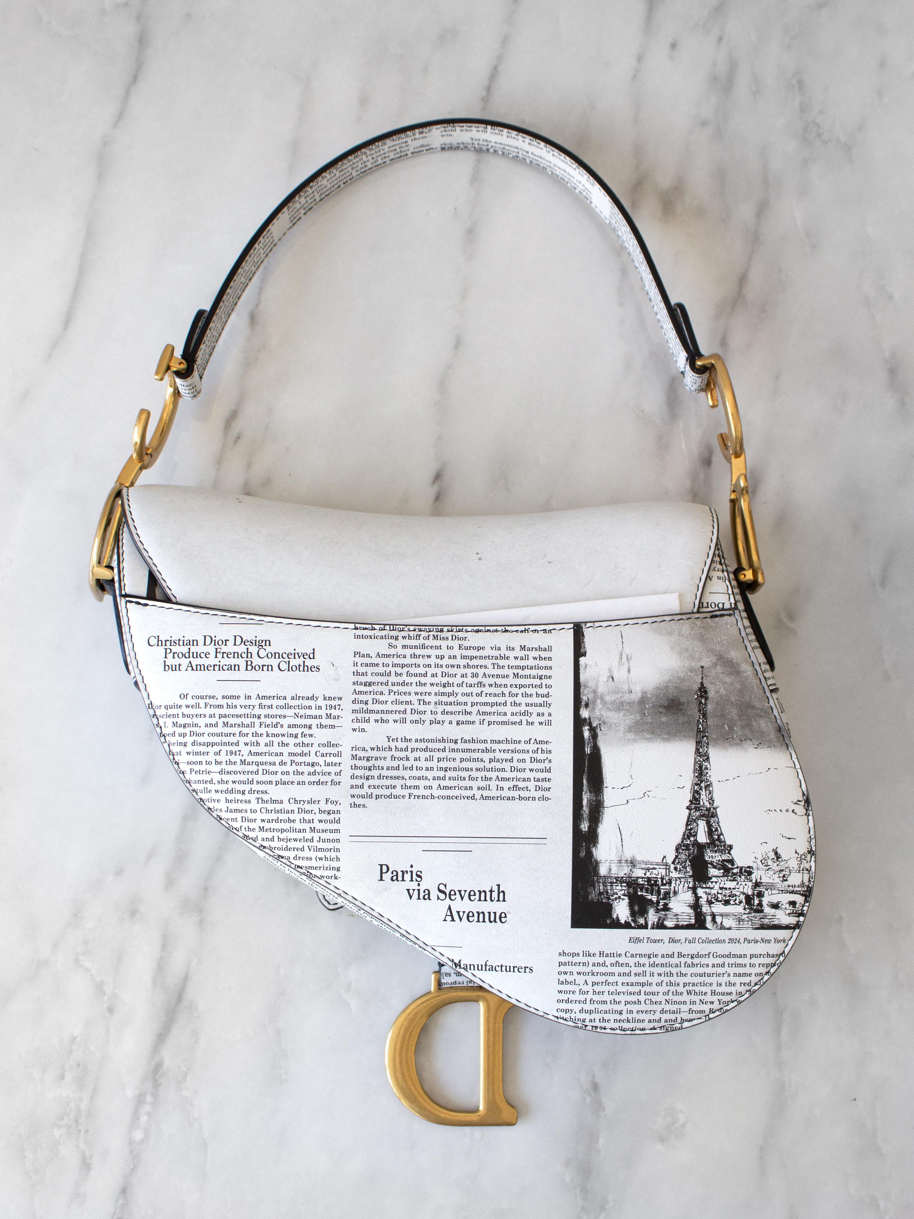 Rare Christian Dior 2024 Newspaper Print White Black Calfskin Saddle Bag 7