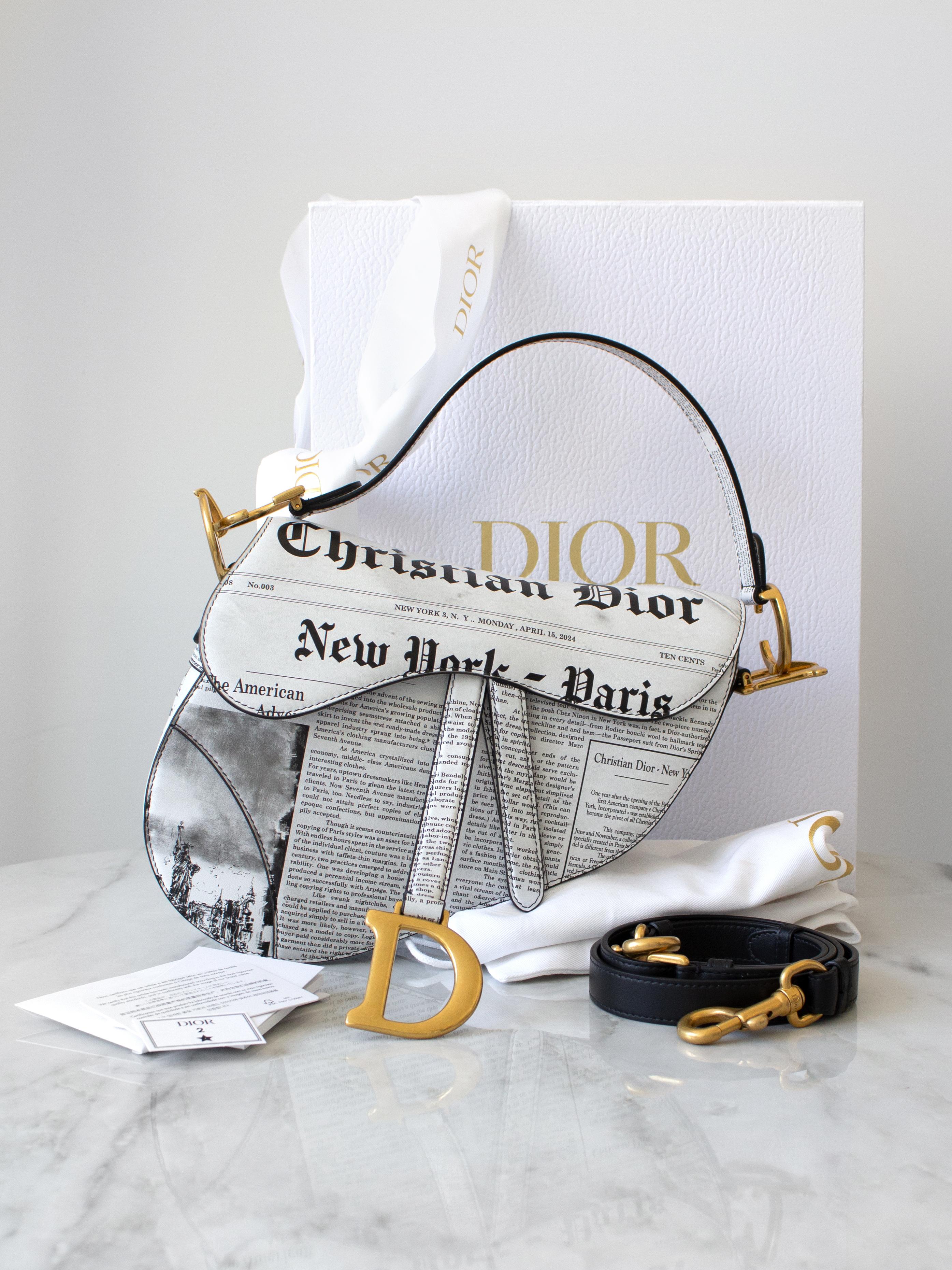 Rare Christian Dior 2024 Newspaper Print White Black Calfskin Saddle Bag 8