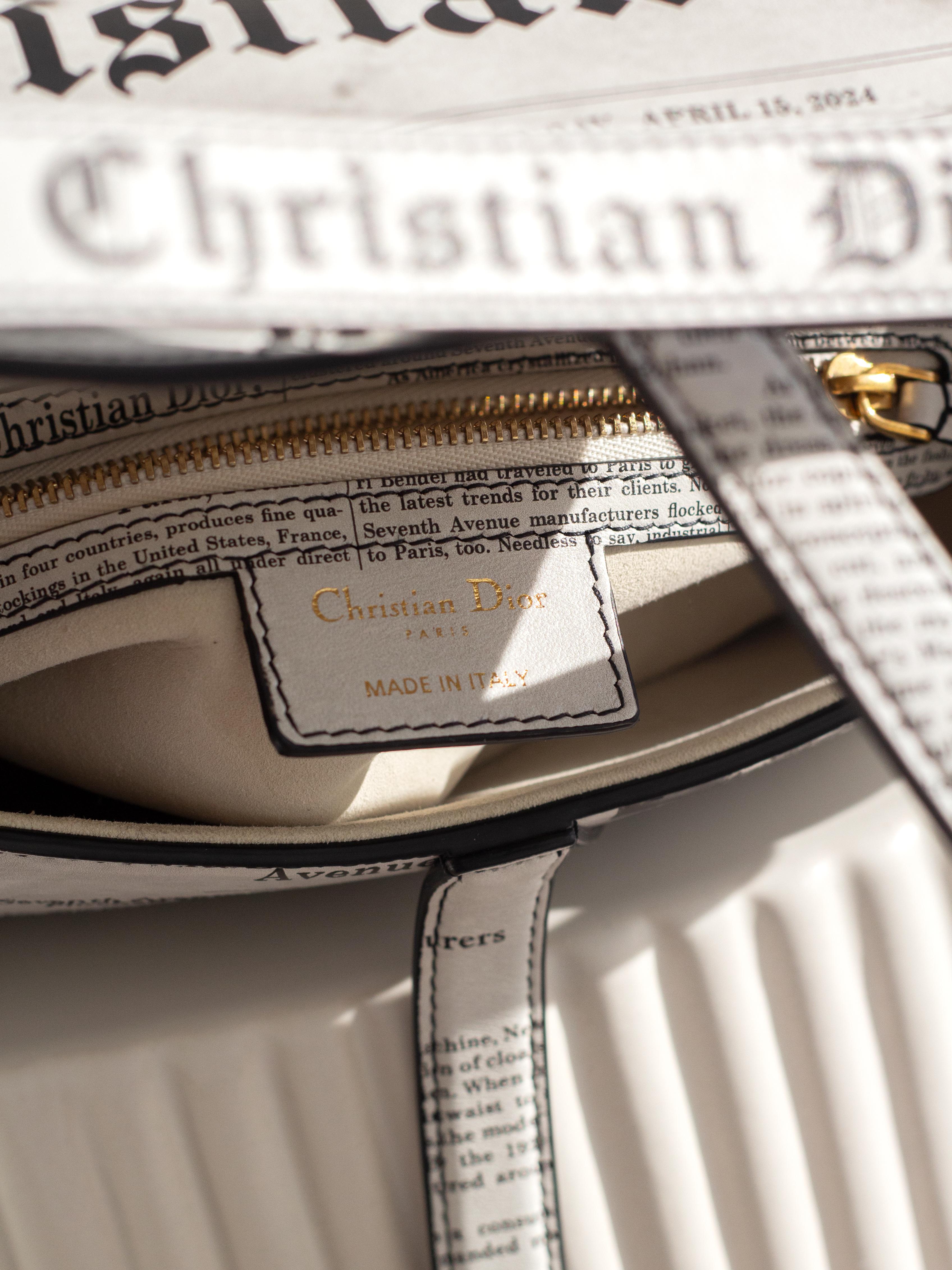 Rare Christian Dior 2024 Newspaper Print White Black Calfskin Saddle Bag 11