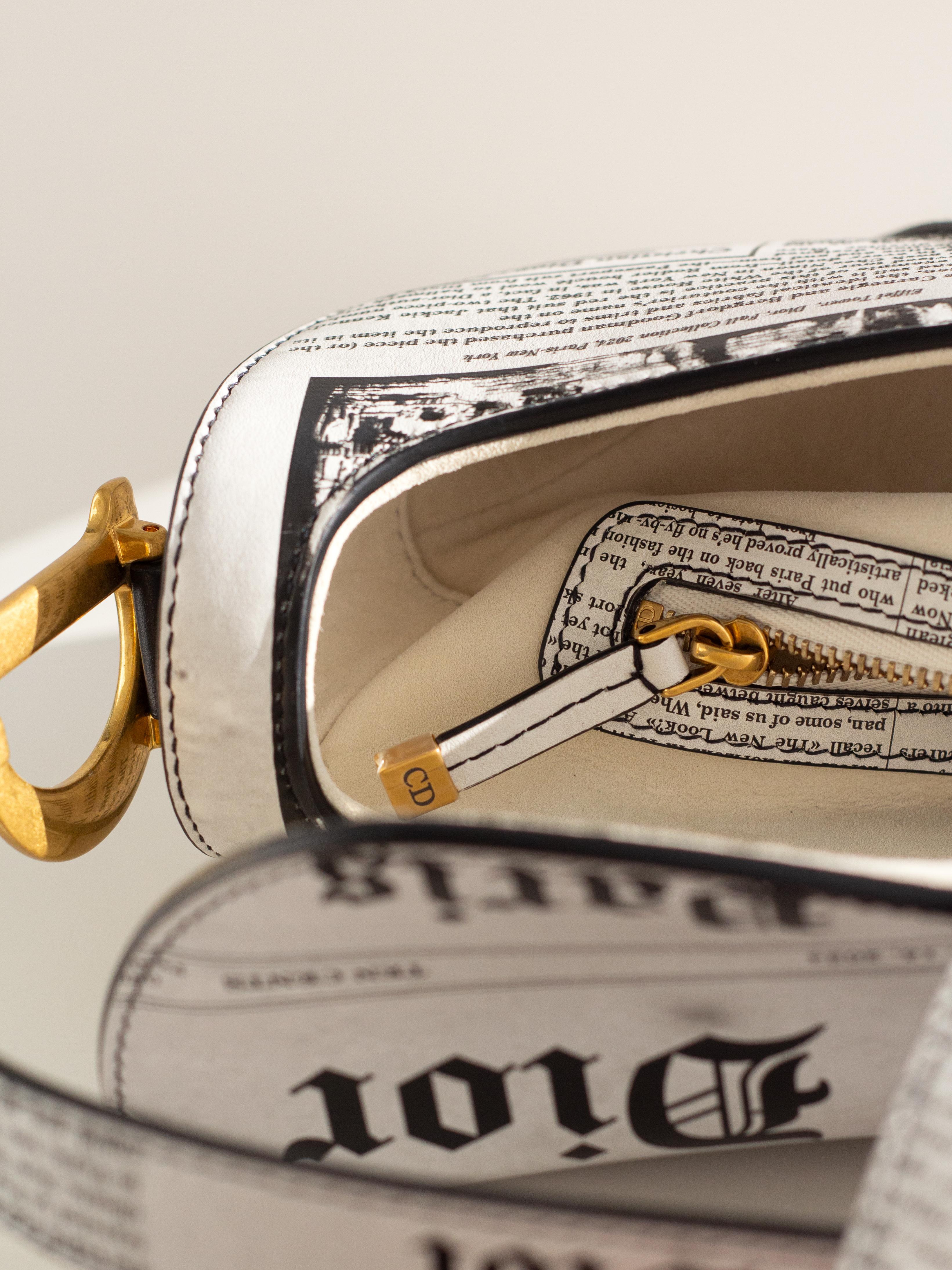 Rare Christian Dior 2024 Newspaper Print White Black Calfskin Saddle Bag 12