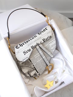 Rare Christian Dior 2024 Newspaper Print White Black Calfskin Saddle Bag