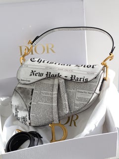 Rare Christian Dior 2024 Newspaper Print White Black Calfskin Saddle Bag
