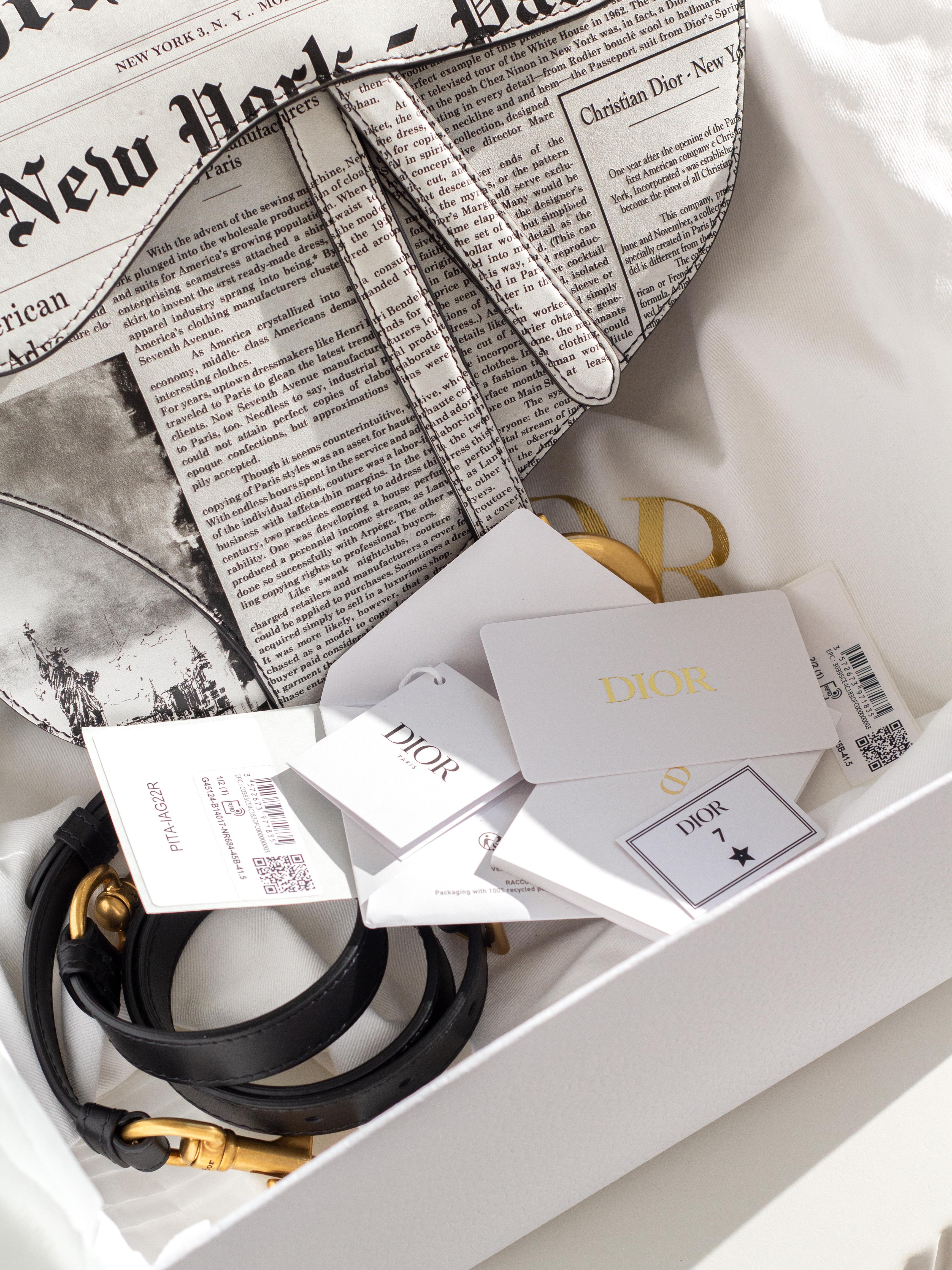 Gray Rare Christian Dior 2024 Newspaper Print White Black Calfskin Saddle Bag