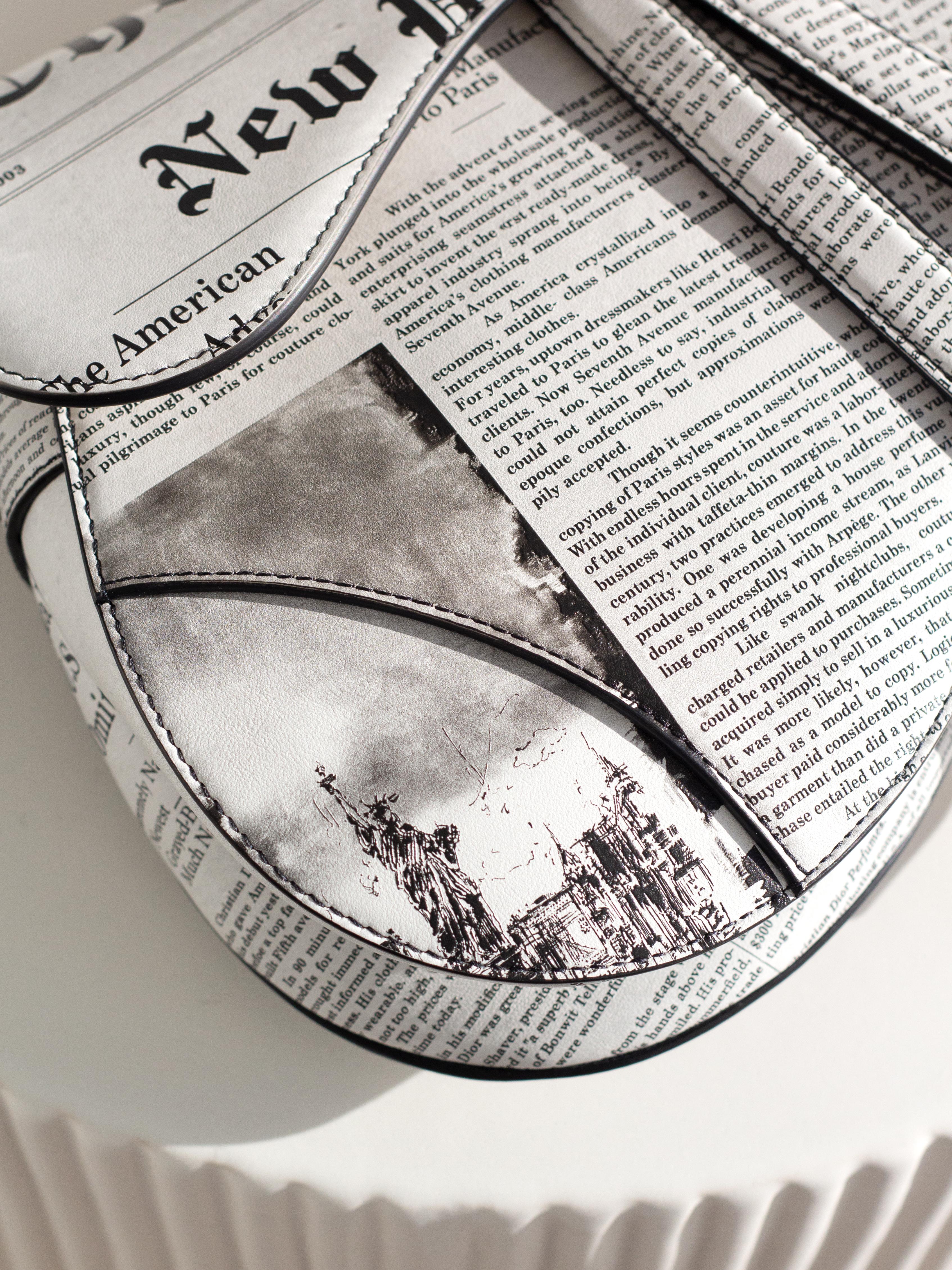 Women's Rare Christian Dior 2024 Newspaper Print White Black Calfskin Saddle Bag