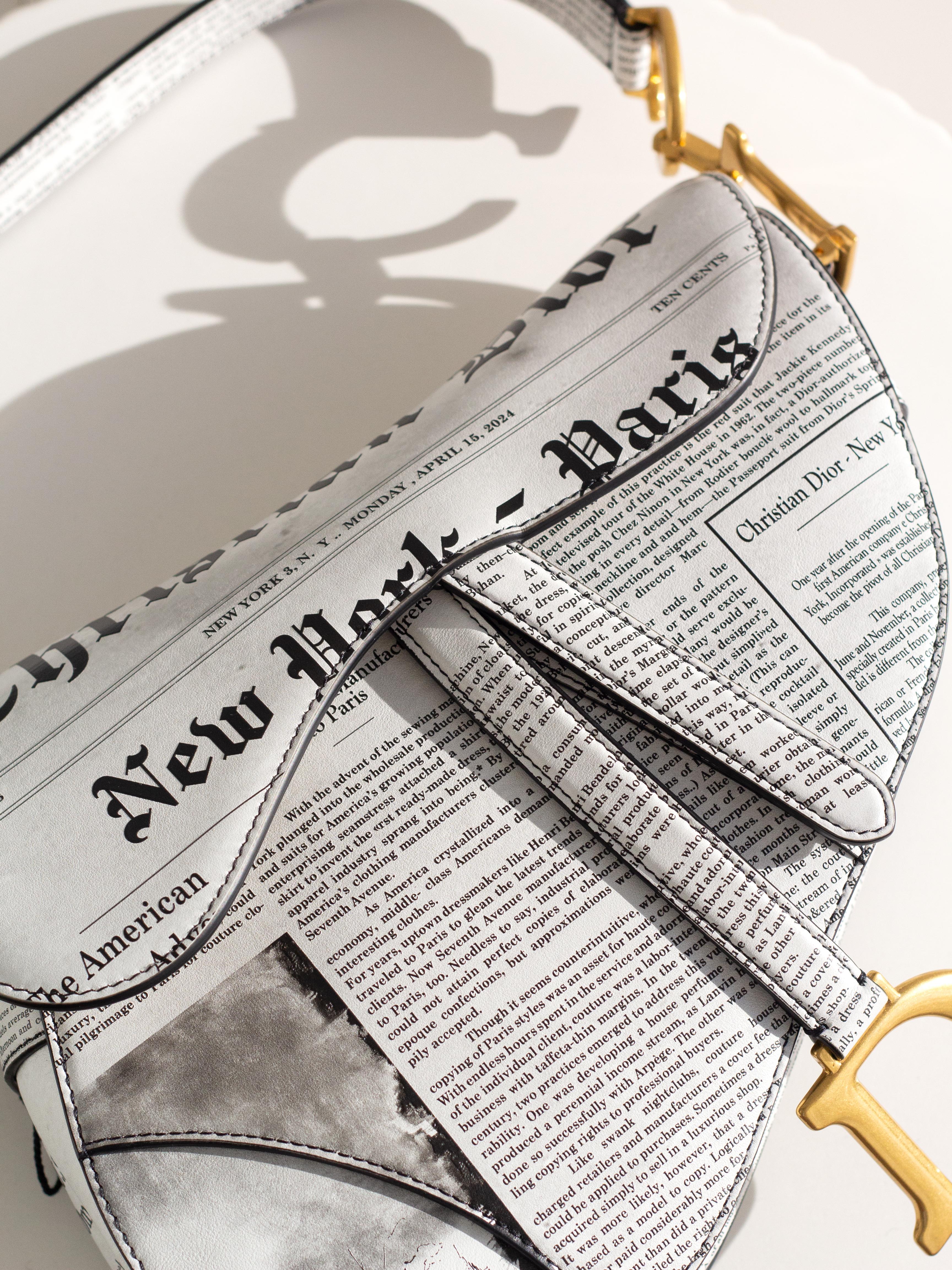 Rare Christian Dior 2024 Newspaper Print White Black Calfskin Saddle Bag 1