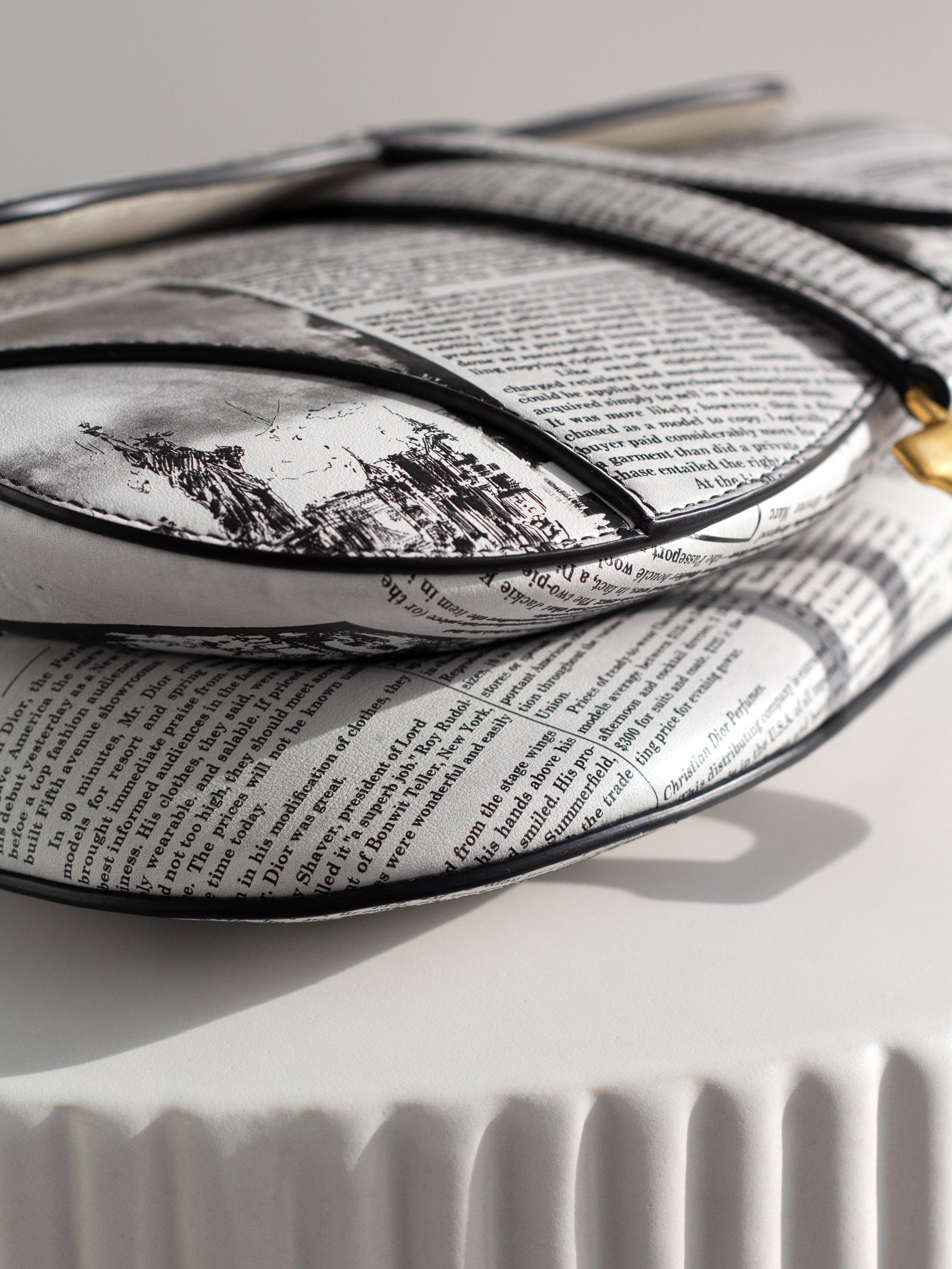 Rare Christian Dior 2024 Newspaper Print White Black Calfskin Saddle Bag 2