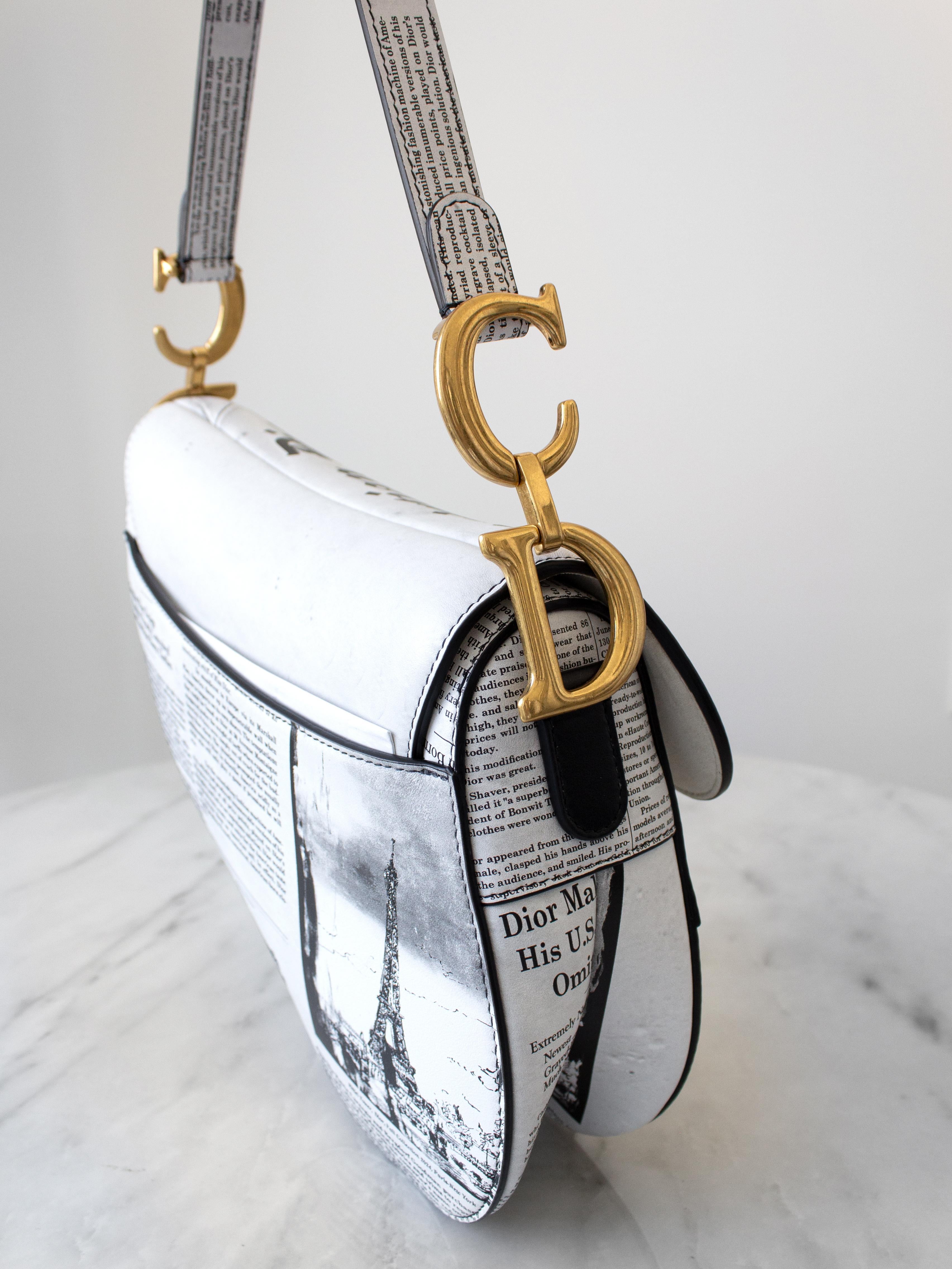 Women's Rare Christian Dior 2024 Newspaper Print White Black Calfskin Saddle Bag