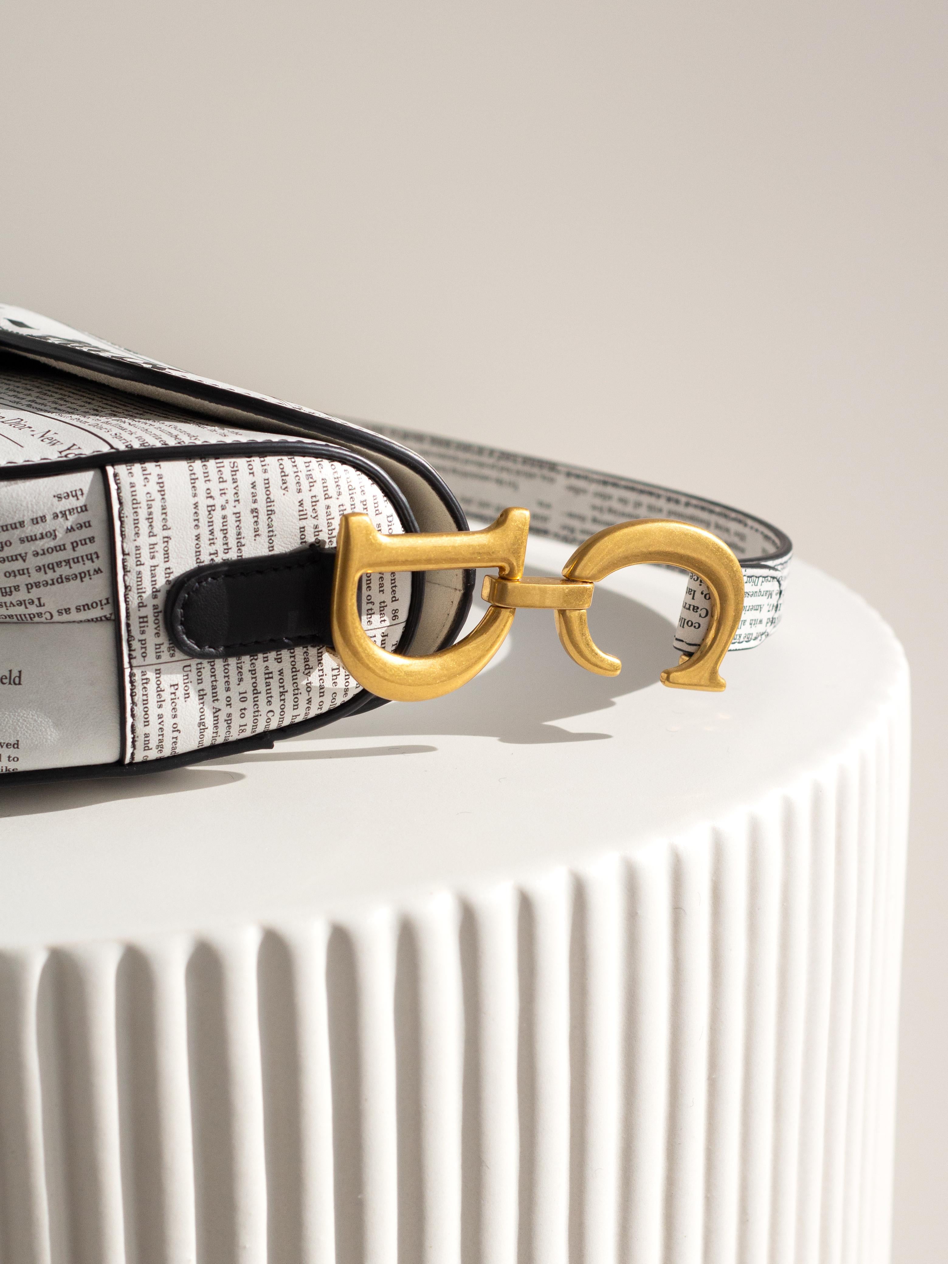 Rare Christian Dior 2024 Newspaper Print White Black Calfskin Saddle Bag 3