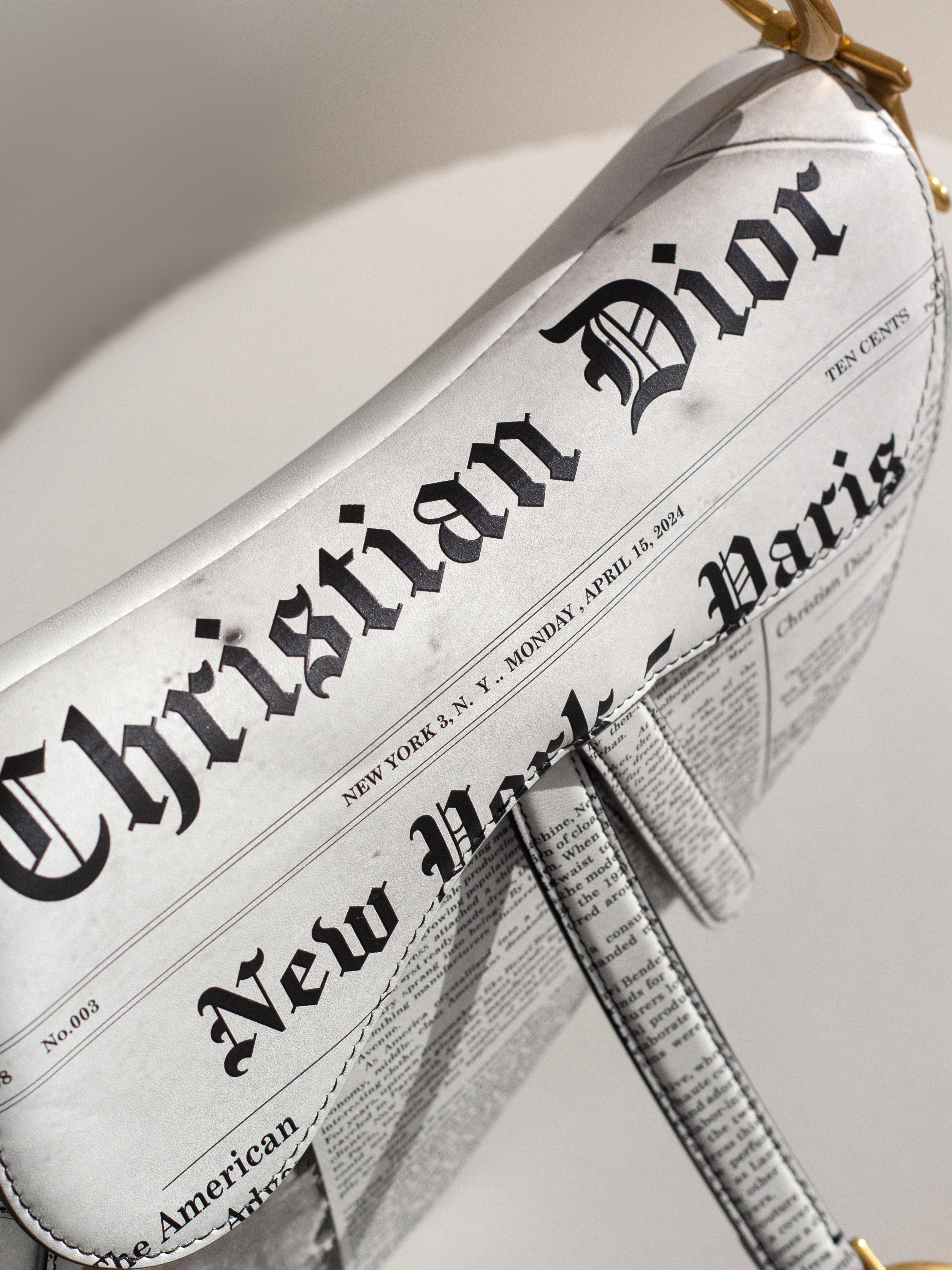 Rare Christian Dior 2024 Newspaper Print White Black Calfskin Saddle Bag 4