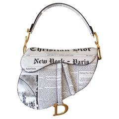Rare Christian Dior 2024 Newspaper Print White Black Calfskin Saddle Bag