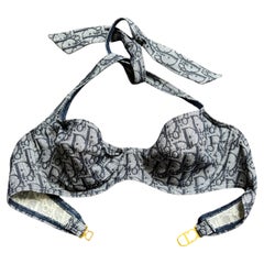 Rare Christian Dior Blue oblique Monogram Halter bikini top with Gold CD clasp