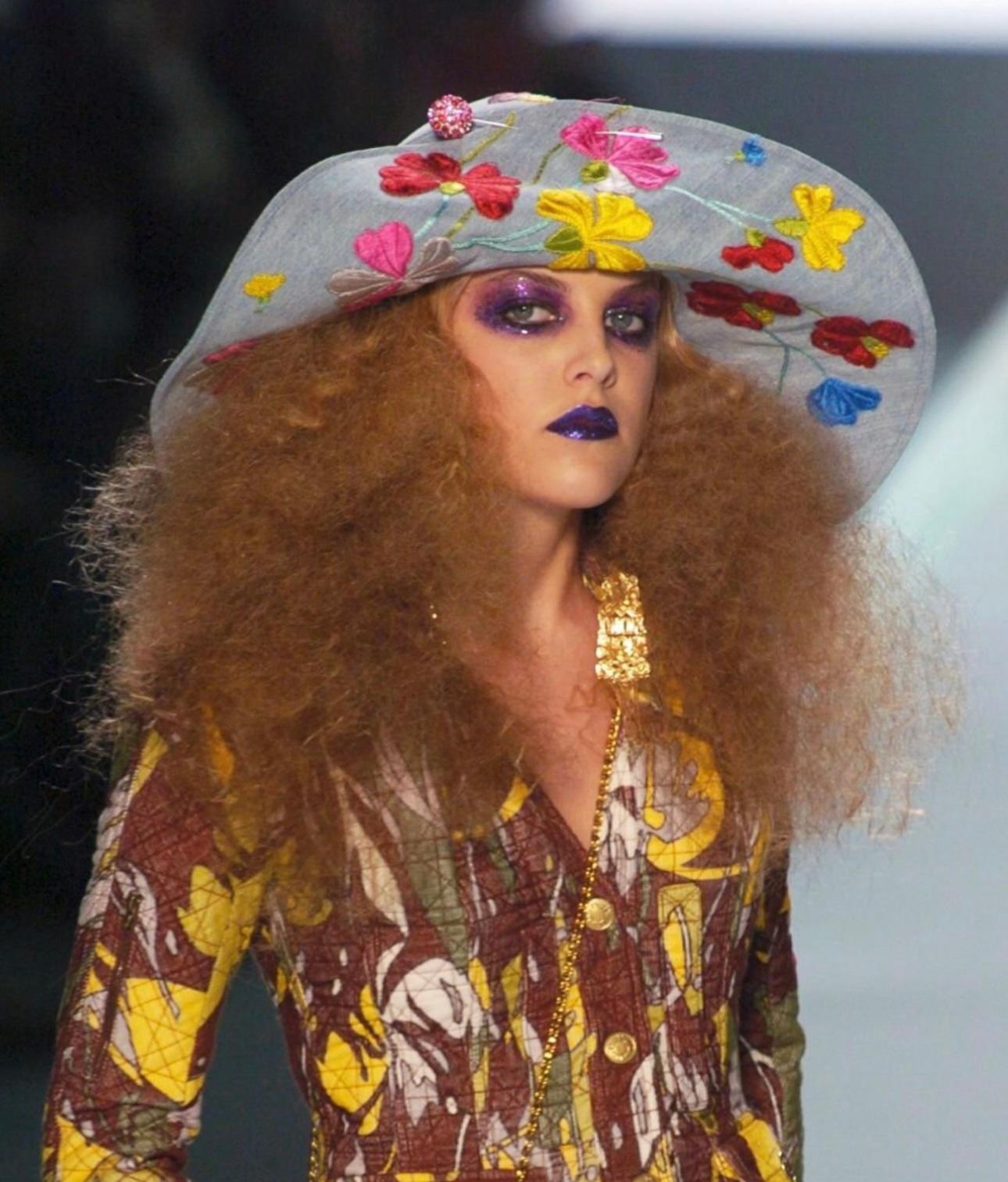 Rare Christian Dior by John Galliano S/S 2005 collection runway denim flowers embroidery hat with the pin crystals brooch size 57. Iconic hat!