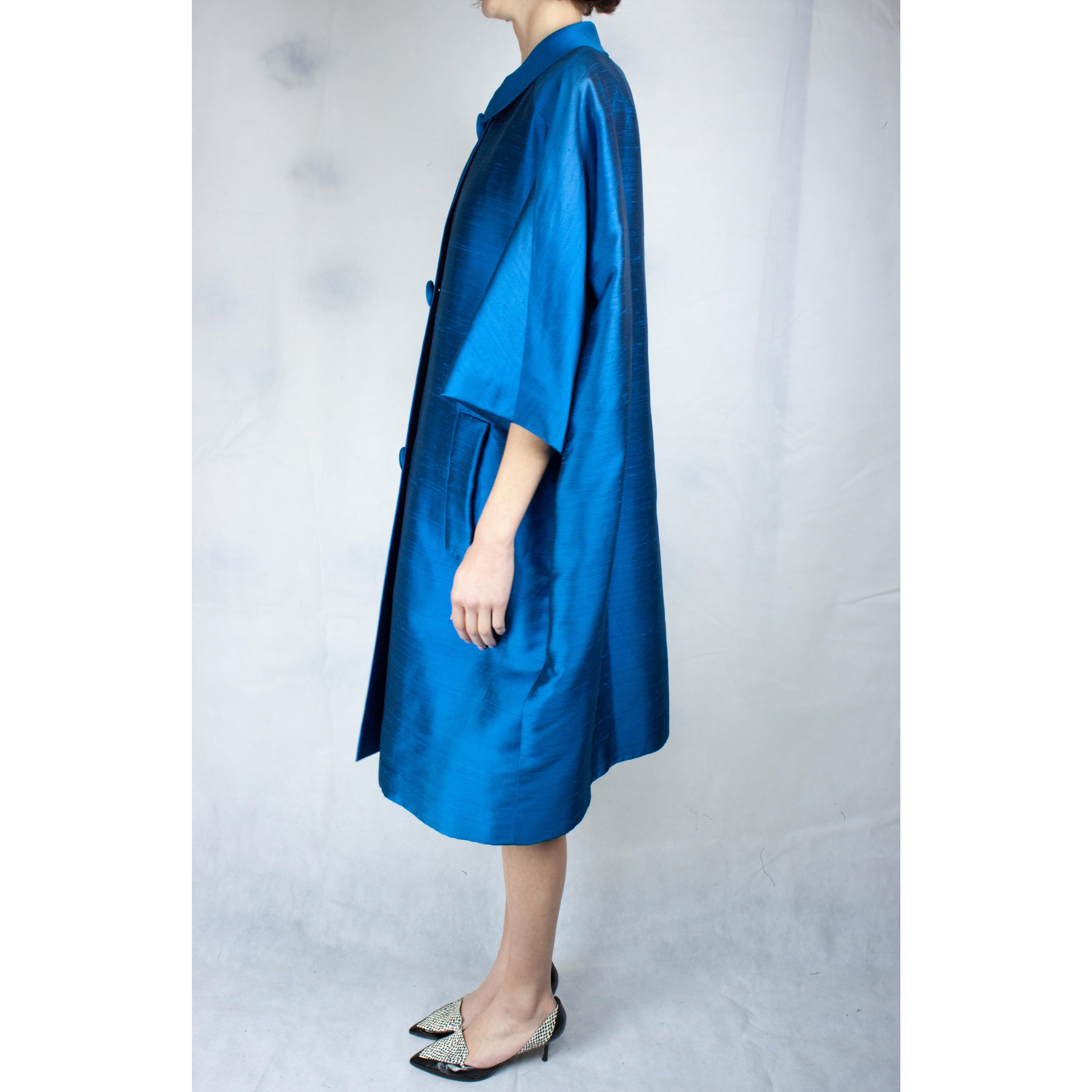 Blue Rare Christian Dior cocoon coat and dress ensemble. circa 1958
