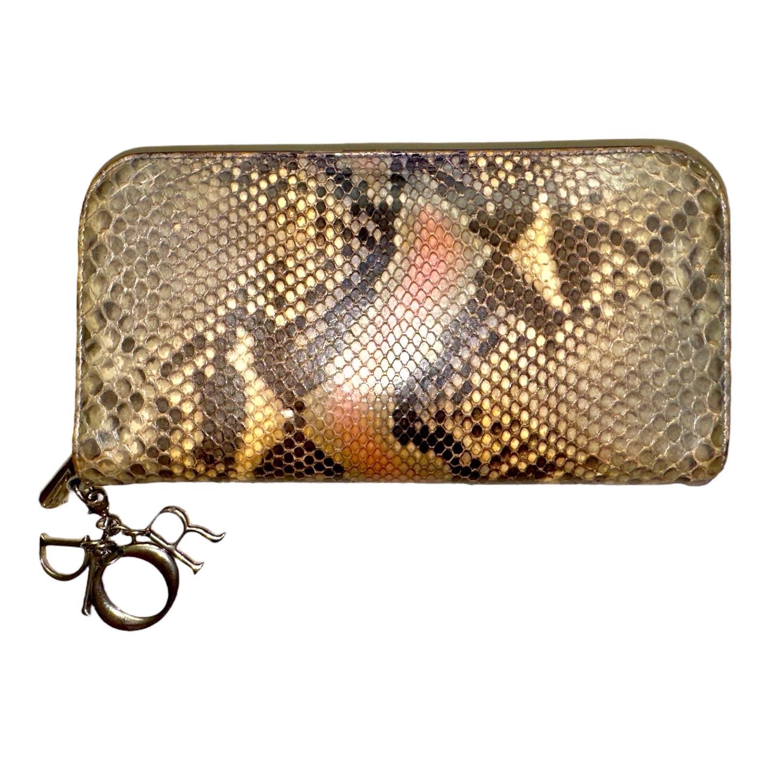 RARE Christian Dior Exotic Lady Dior Long Zippy Voyageur Wallet with DIOR charm For Sale