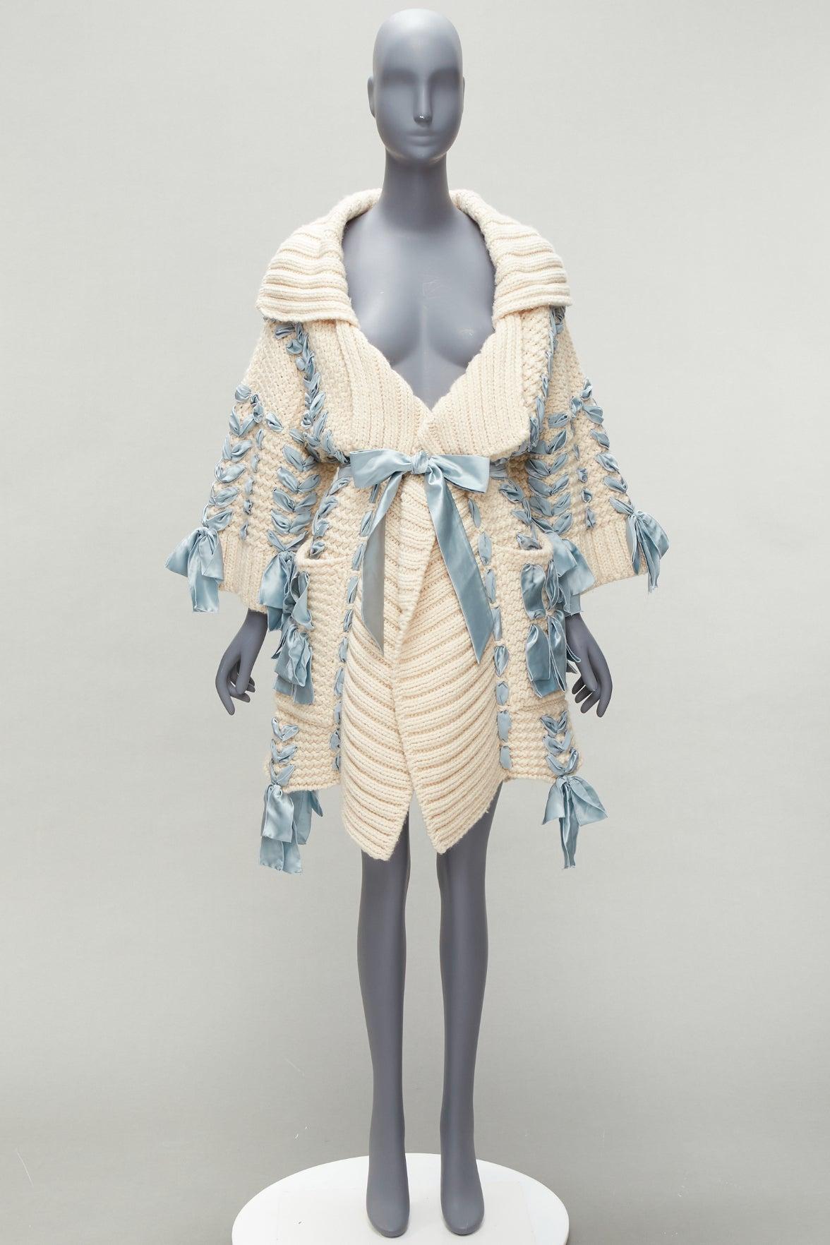 rare CHRISTIAN DIOR John Galliano 2010 Runway blue ribbon beige cardigan coat XS 6