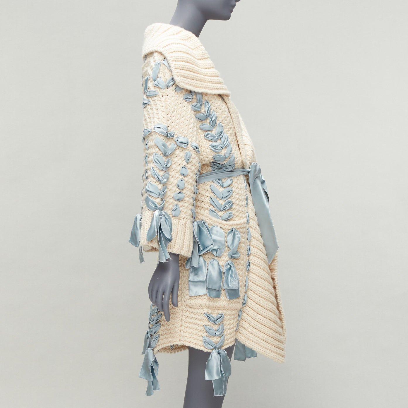 Women's rare CHRISTIAN DIOR John Galliano 2010 Runway blue ribbon beige cardigan coat XS