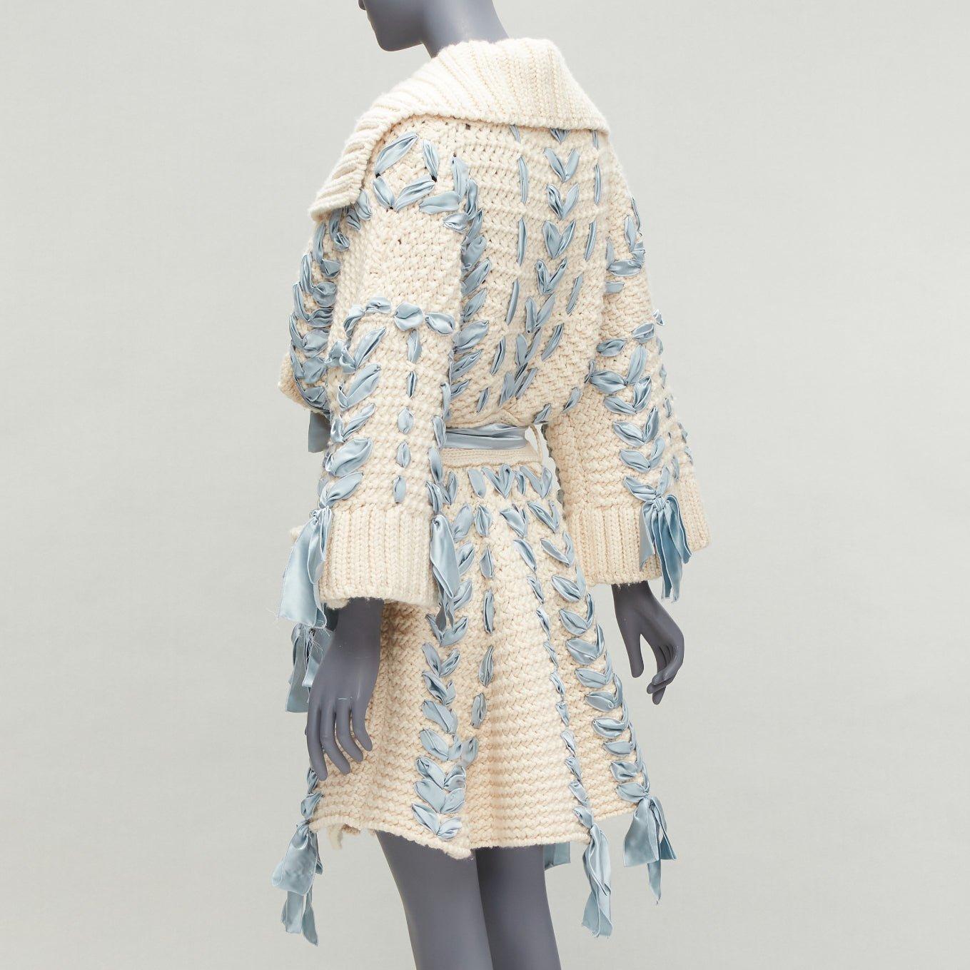 rare CHRISTIAN DIOR John Galliano 2010 Runway blue ribbon beige cardigan coat XS 1