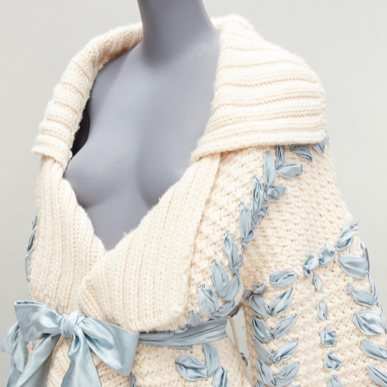rare CHRISTIAN DIOR John Galliano 2010 Runway blue ribbon beige cardigan coat XS 2