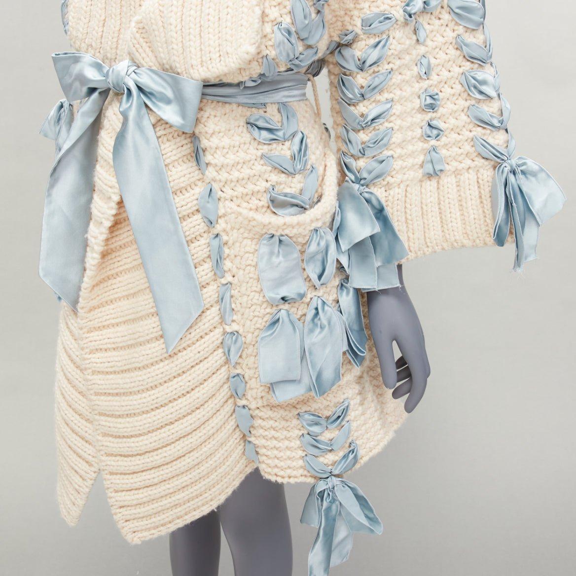 rare CHRISTIAN DIOR John Galliano 2010 Runway blue ribbon beige cardigan coat XS 3
